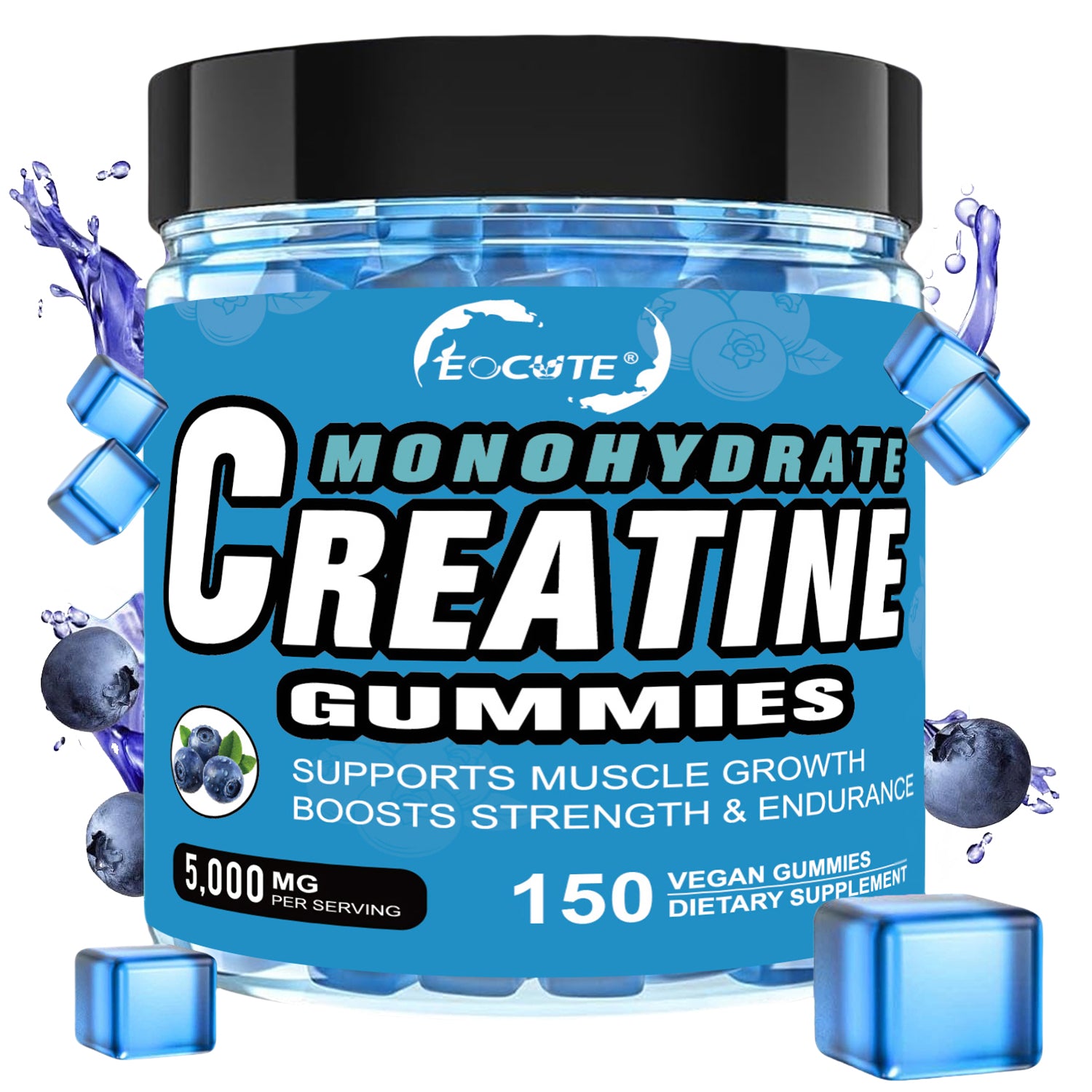 EOCUTE Creatine Monohydrate Gummies   5g per Serving for Muscle   Strength Building,Sugar-Free,Vegan, Blueberry Flavor, 150 Count Amino Acids Nutrional Supplements Dietary Healthcare Edible Fitness Optimum