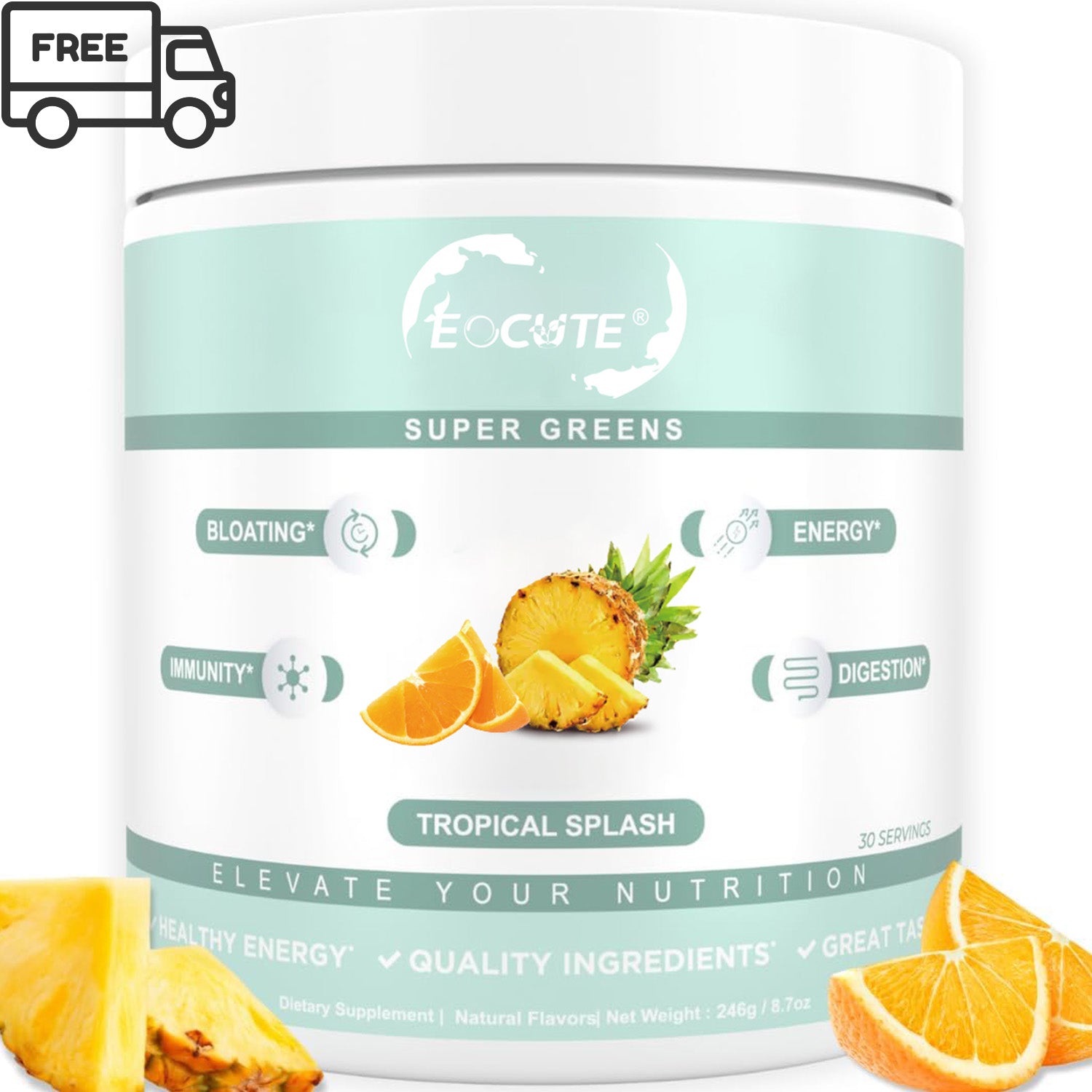 EOCUTE Super Greens   Organic Greens Powder to Reduce Bloat, Support Gut Health, Boost Immunity, Healthy Digestion for Women   Antioxidant Support   Spirulina   Chlorella   Tropical Splash