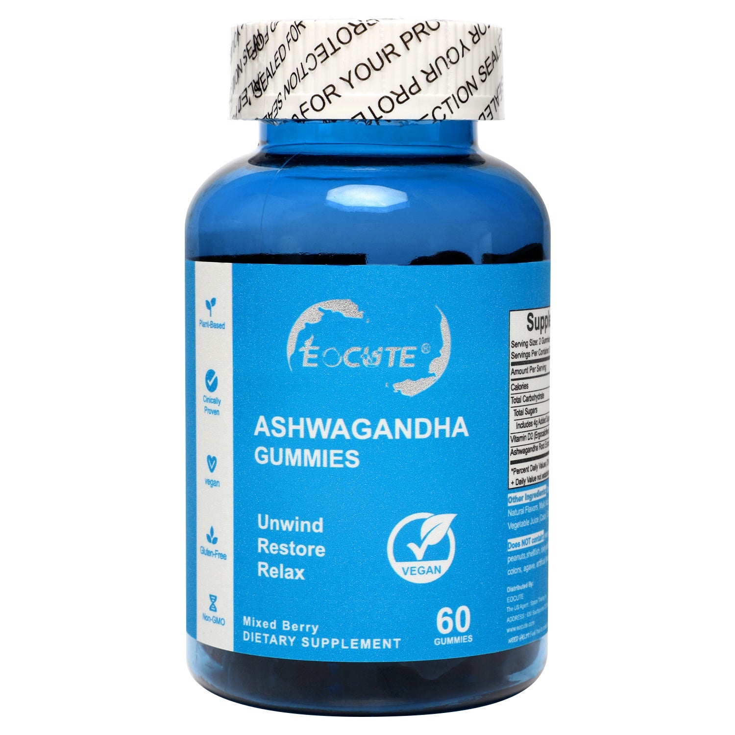 EOCUTE Ashwagandha   Vitamin D Gummies Gummy-Mixed Berry,KSM-66, Vegan, PlantBased,Non-GMO, Gluten-Free   Gelatin Free. for women and man,Vitamins Supplements