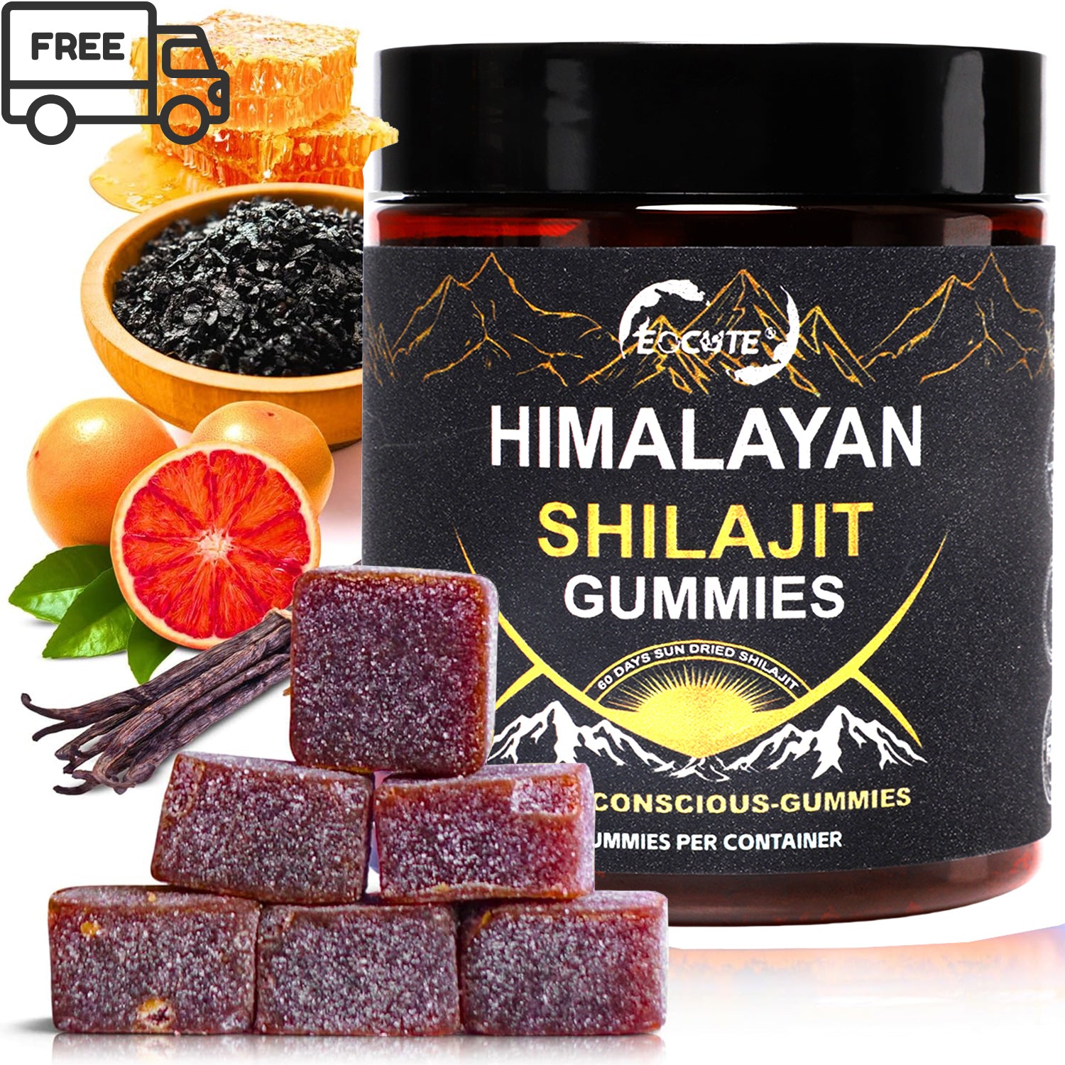 Organic shilajit Gummies by EOCUTE | Cane Sugar Free, Sweetened by Organic Manuka Honey | Clean Formula | Natural Fulvic   Humic Acid | Heart   Brain, Cellular Health | 60 Healthy Gummies