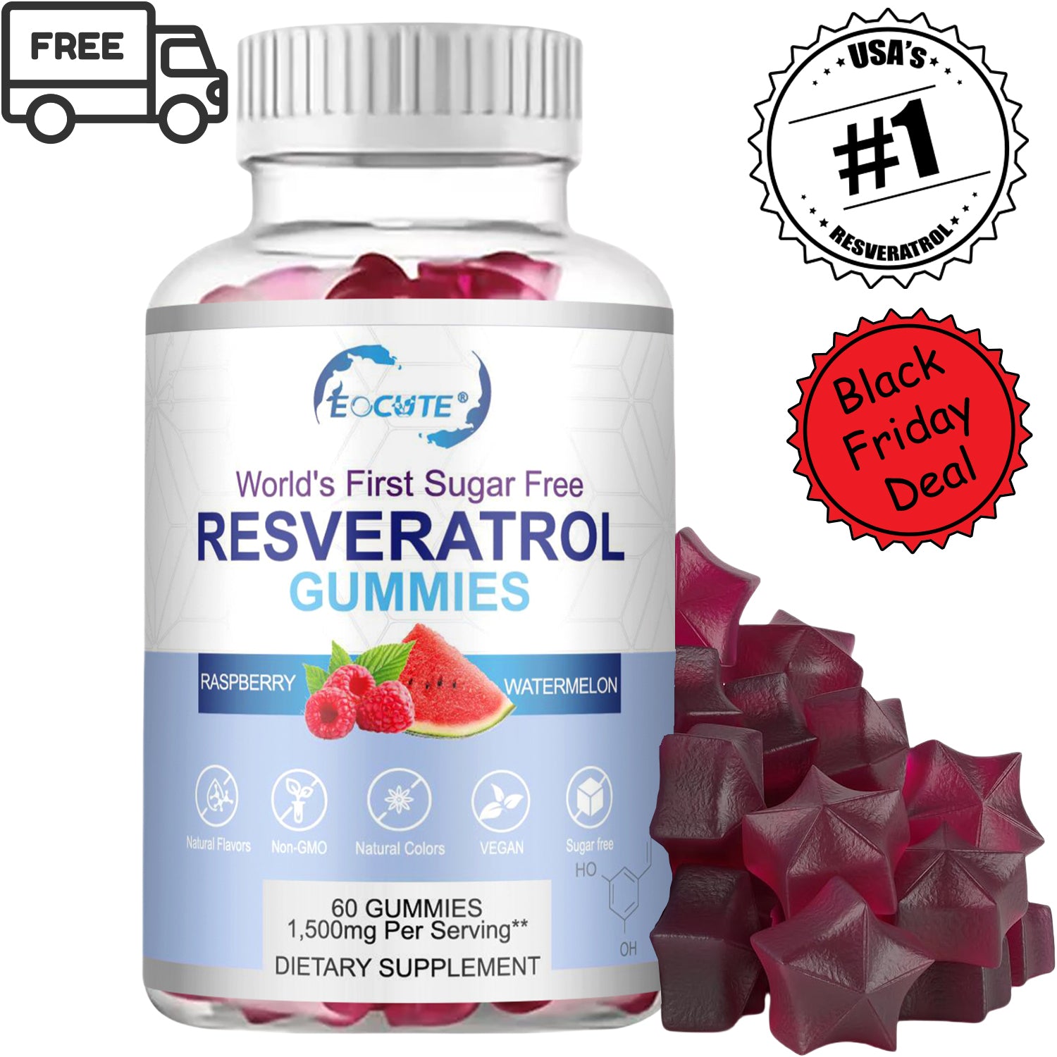 EOCUTE Sugar-Free Resveratrol Gummies   Potent 1500mg Resveratrol Supplement to Support Digestive   Immune Health   Resveratrol Supplements for Antioxidant Nutritional  Support, Cell Regenerator   Repair Dietary