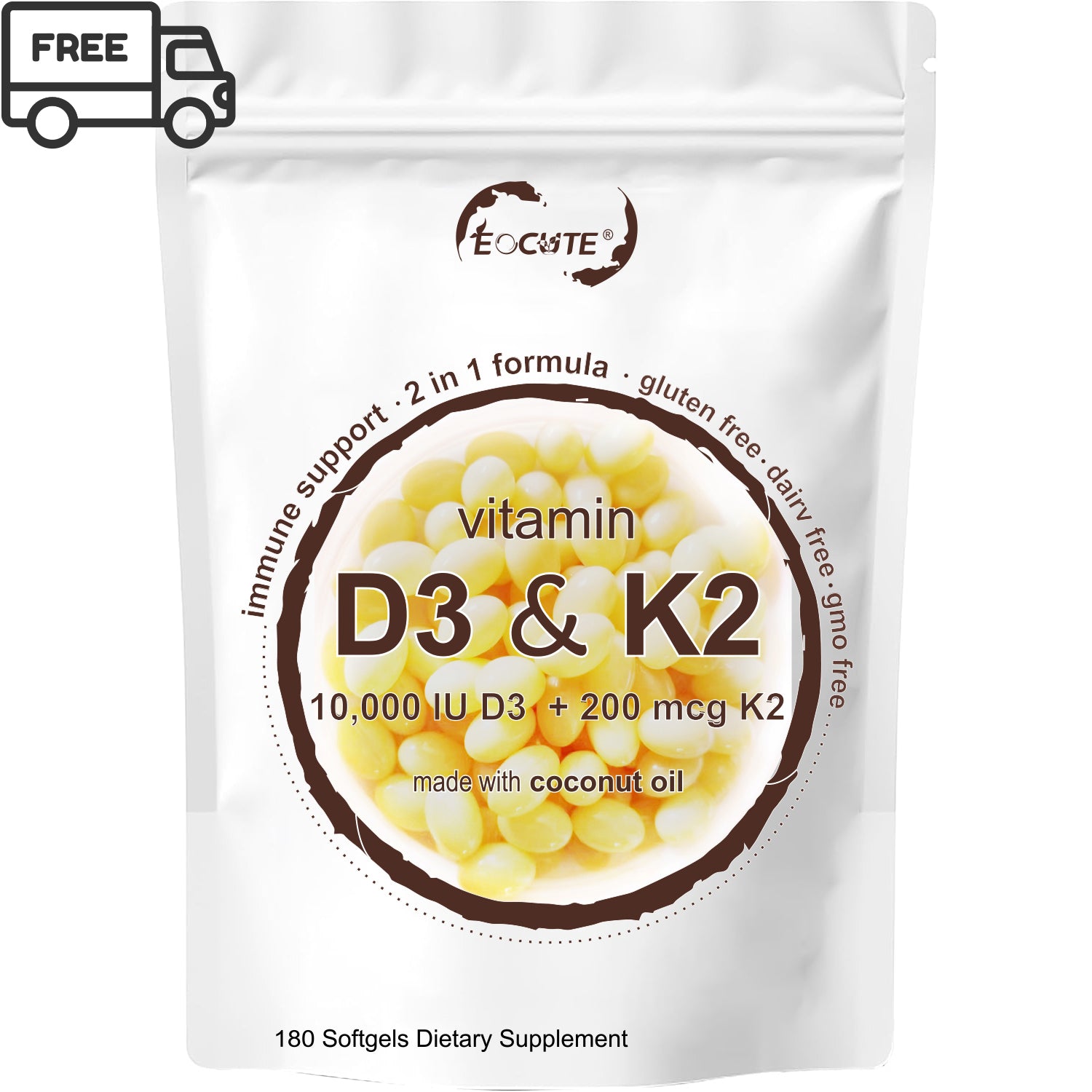EOCUTE Vitamin D3 10000 iu Plus K2(MK-7) 200mcg 180 Softgels