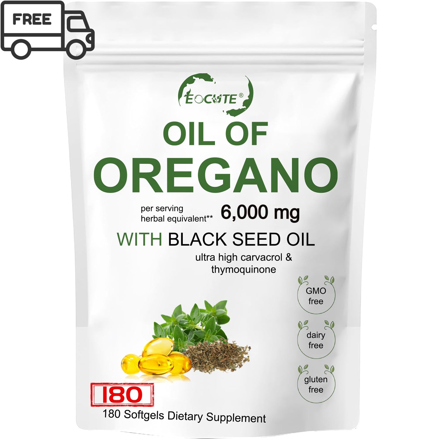 EOCUTE Oil of Oregano Softgels 6000mg Per Serving, 180 Pcs/Pack,2 in 1 Formulated with Black Seed Oil 200mg, 4X Strength Carvacrol   Thymoquinone,Plant Based.