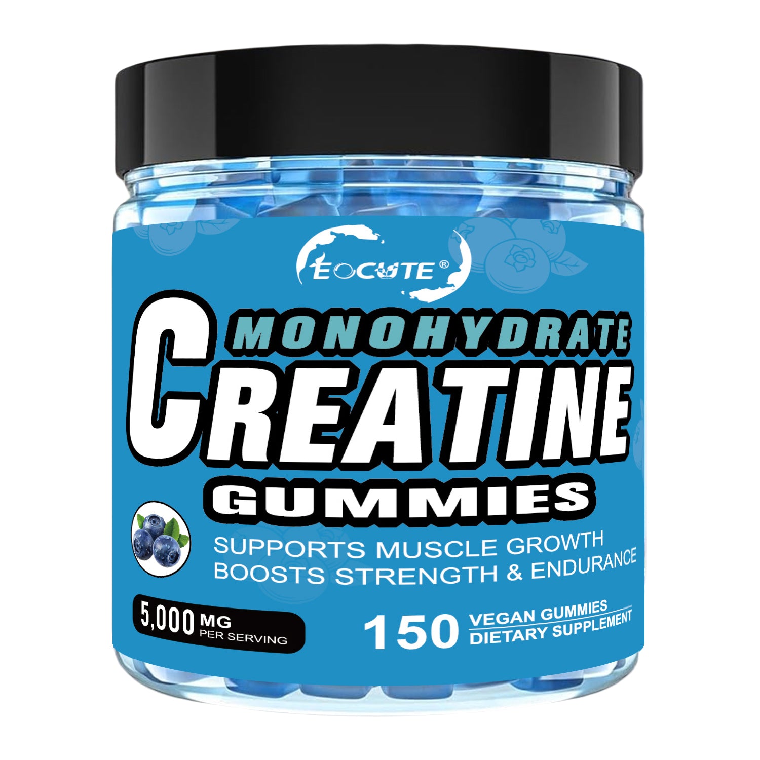EOCUTE Creatine Monohydrate Gummies   5g per Serving for Muscle   Strength Building,Sugar-Free,Vegan, Blueberry Flavor, 150 Count Amino Acids Nutrional Supplements Dietary Healthcare Edible Fitness Optimum