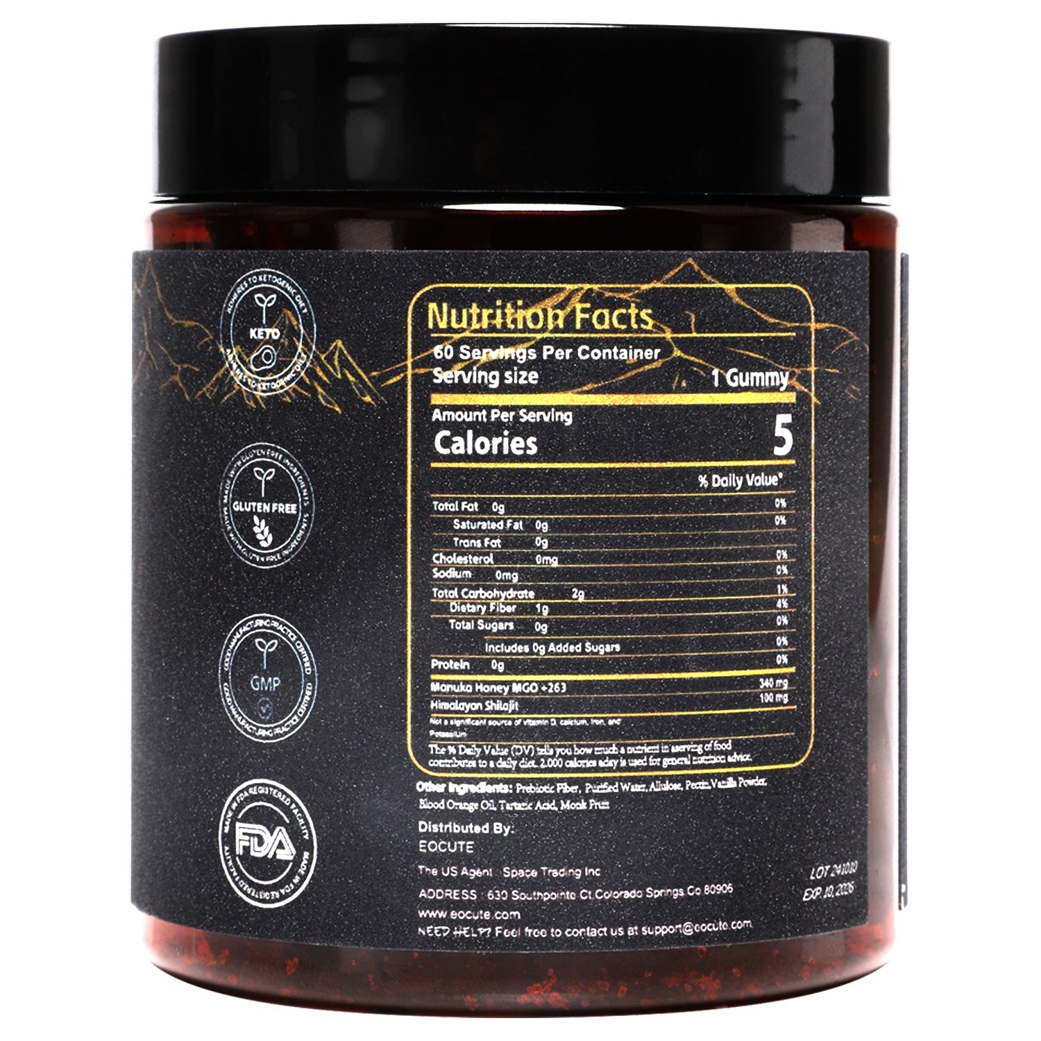 Organic shilajit Gummies by EOCUTE | Cane Sugar Free, Sweetened by Organic Manuka Honey | Clean Formula | Natural Fulvic   Humic Acid | Heart   Brain, Cellular Health | 60 Healthy Gummies