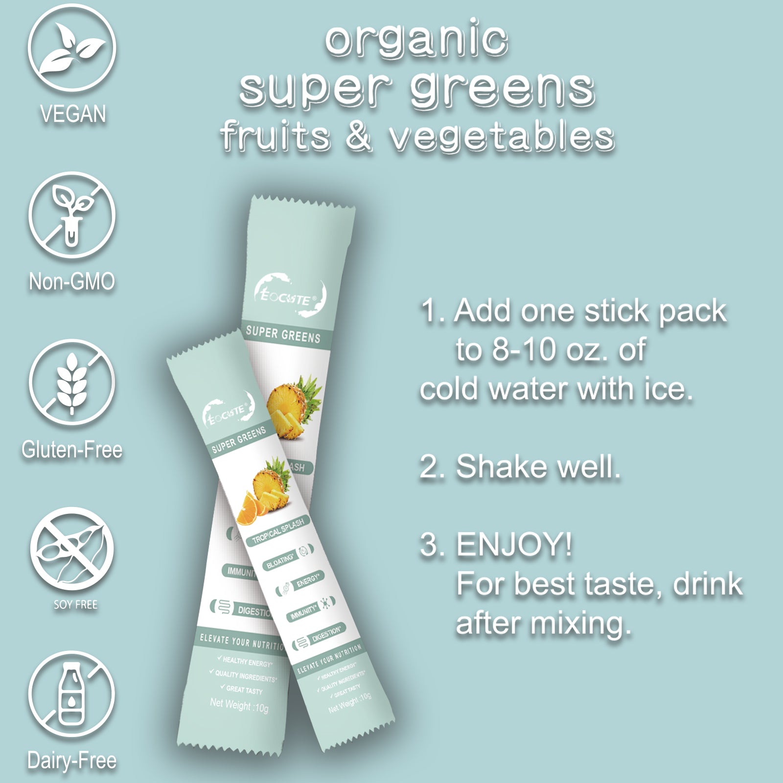 EOCUTE Super Greens – Organic Greens Powder to Reduce Bloat, Support Gut Health, Boost Immunity, Healthy Digestion for Women – Antioxidant Support – Spirulina – Chlorella – Tropical Splash-30 packets