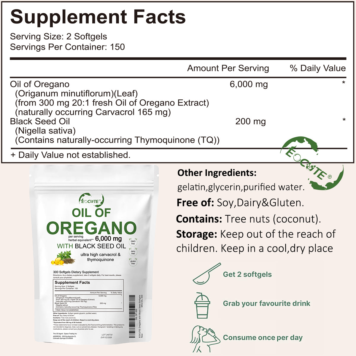 EOCUTE Oil of Oregano Softgels 6000mg Per Serving, 300 Pcs/Pack,2 in 1 Formulated with Black Seed Oil 200mg, 4X Strength Carvacrol   Thymoquinone,Plant Based.