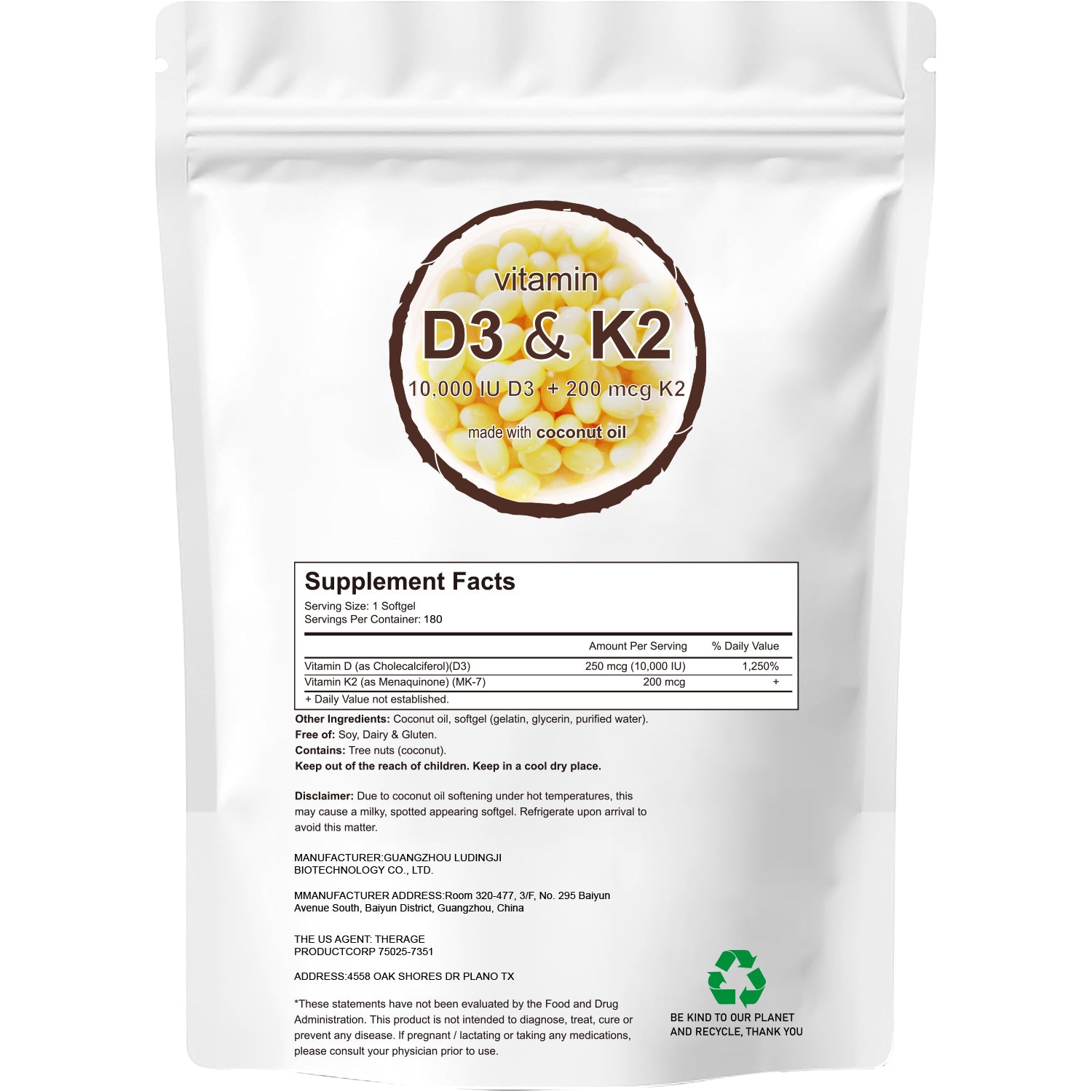 EOCUTE Vitamin D3 10000 iu Plus K2(MK-7) 200mcg 300 Softgels