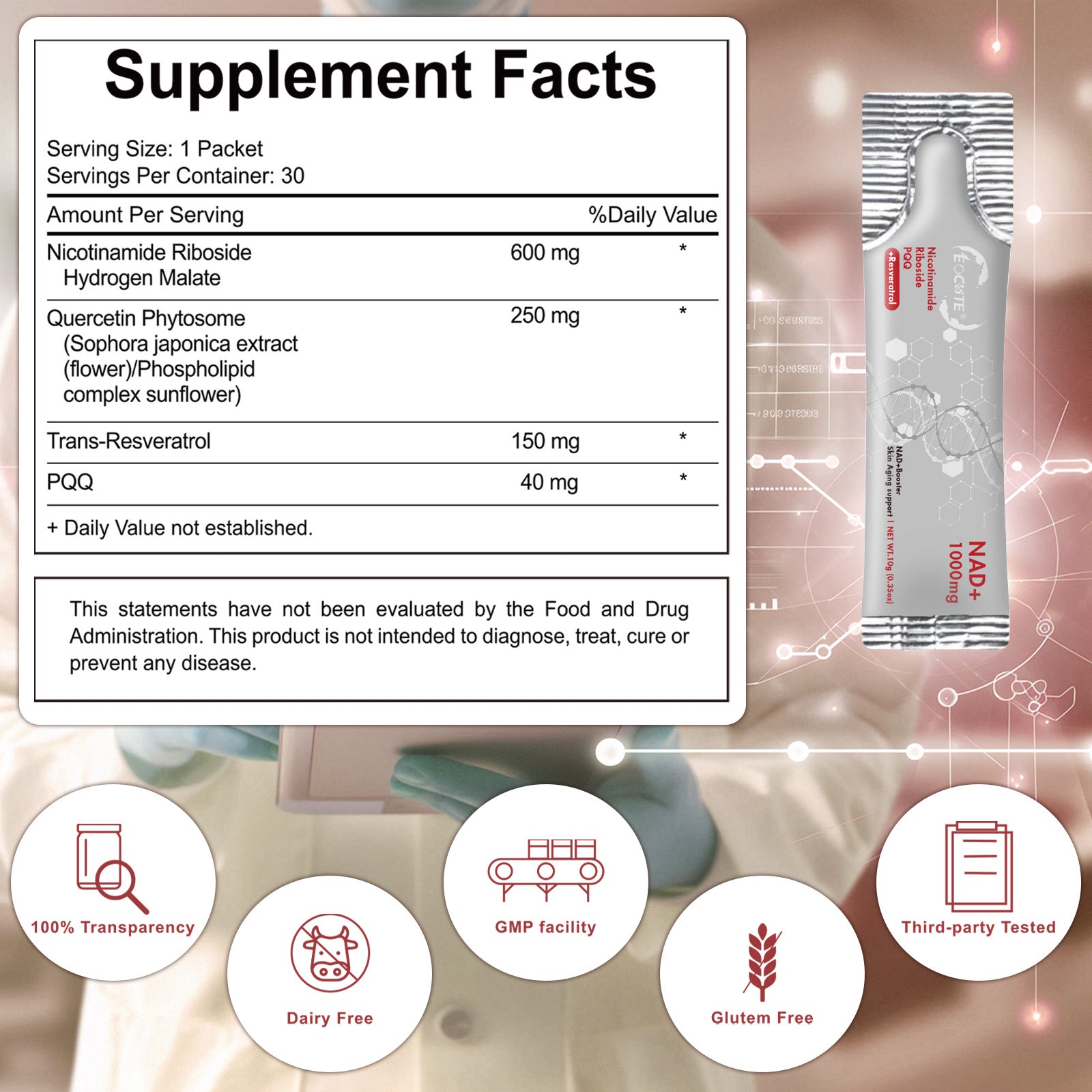 EOCUTE NR1000   NAD+ Berry Flavor Drink Mix  for Skin Aging Support, Energy, and Focus   30 packets