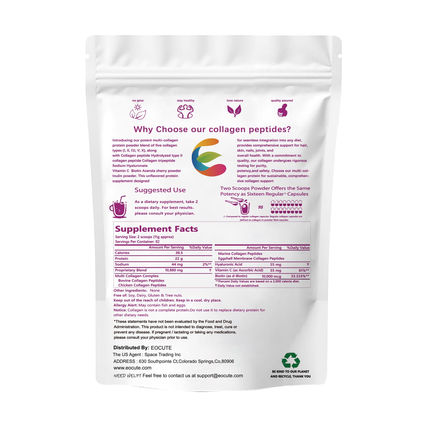 EOCUTE Multi Collagen Peptides Powder Pasture-Raised-Hydrolyzed Protein Peptides (Type l,l,lll,V,X)with HyaluronicAcid, Biotin   Vitamin C,1LB