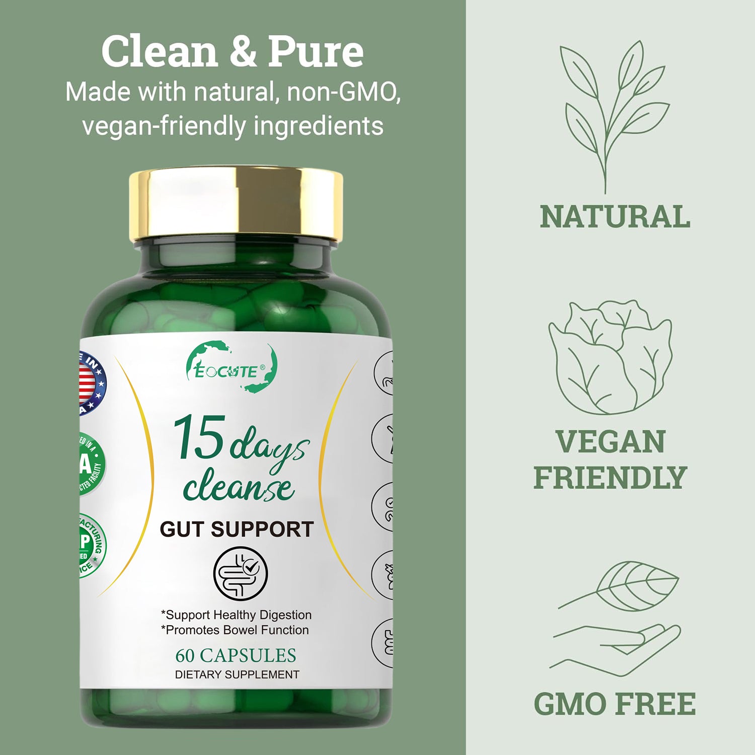 EOCUTE 15 Day Gut Cleanse Detox For Women and Men   Vegan, Non-GMO Ingredients For Waist Loss and Constipation Relief With A 15 Day Cleanse Gut Support Without Cramping, As Seen On TikTok (60 Capsules)