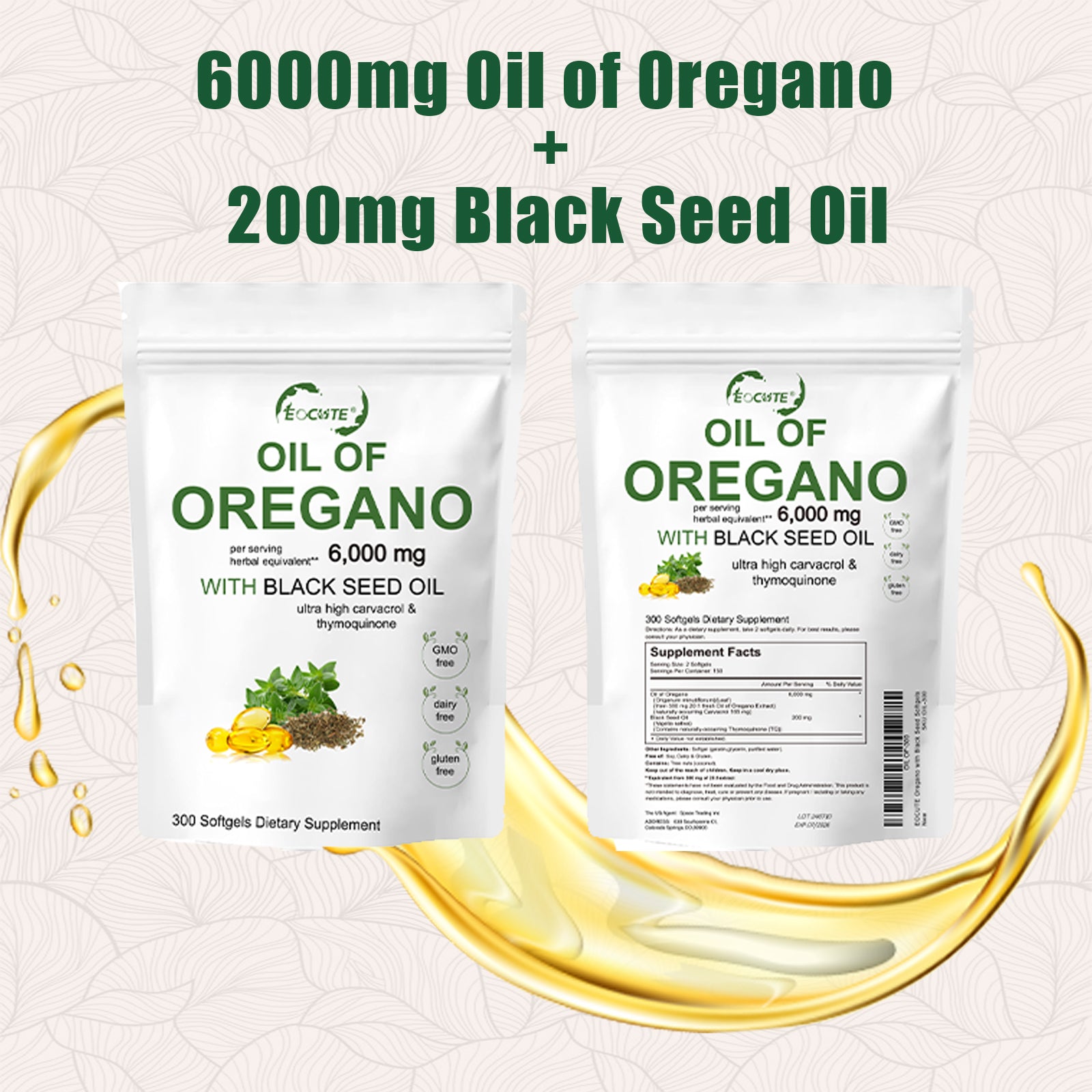EOCUTE Oil of Oregano Softgels 6000mg Per Serving, 180 Pcs/Pack,2 in 1 Formulated with Black Seed Oil 200mg, 4X Strength Carvacrol   Thymoquinone,Plant Based.
