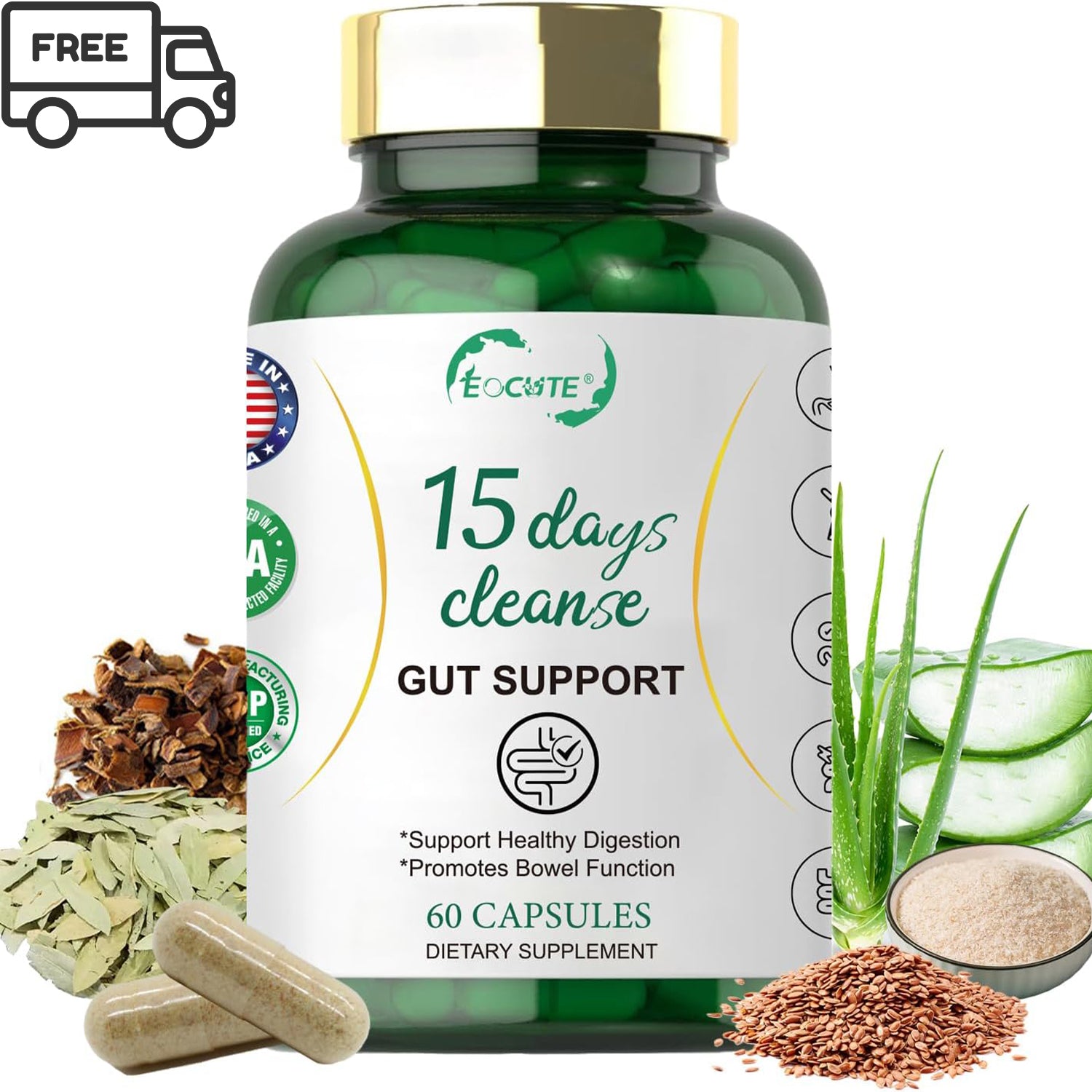EOCUTE 15 Day Gut Cleanse Detox For Women and Men   Vegan, Non-GMO Ingredients For Waist Loss and Constipation Relief With A 15 Day Cleanse Gut Support Without Cramping, As Seen On TikTok (60 Capsules)