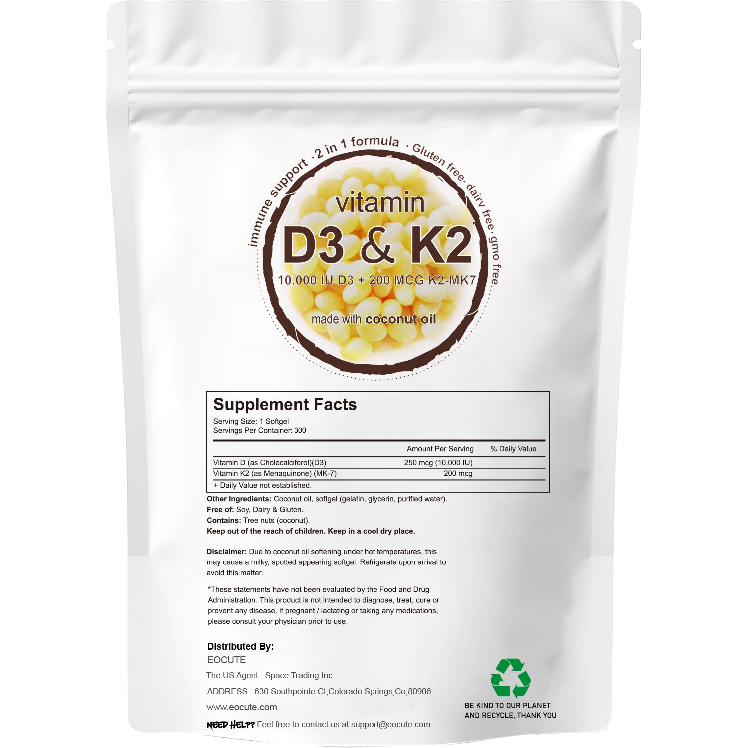 EOCUTE Vitamin D3 10000 iu Plus K2(MK-7) 200mcg 180 Softgels