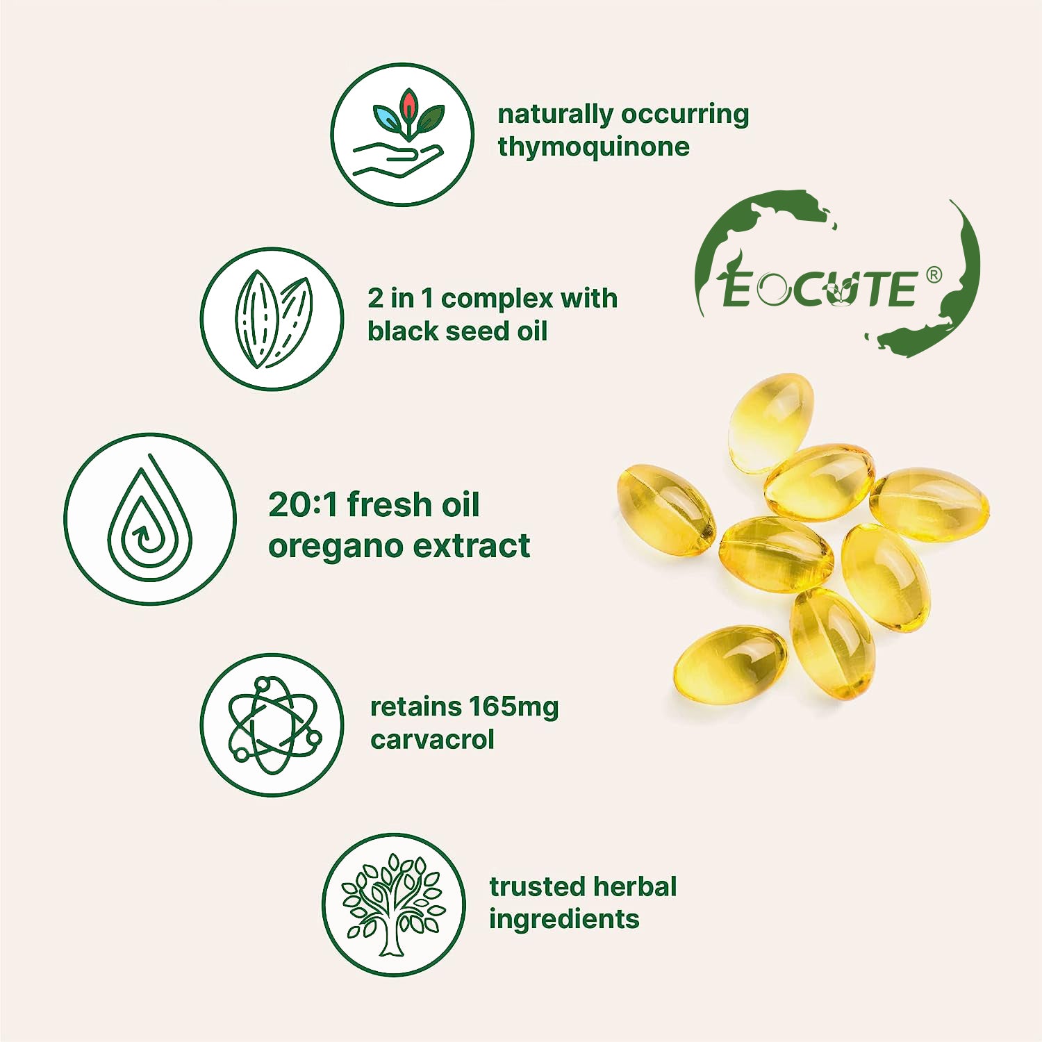 EOCUTE Oil of Oregano Softgels 6000mg Per Serving, 300 Pcs/Pack,2 in 1 Formulated with Black Seed Oil 200mg, 4X Strength Carvacrol   Thymoquinone,Plant Based.
