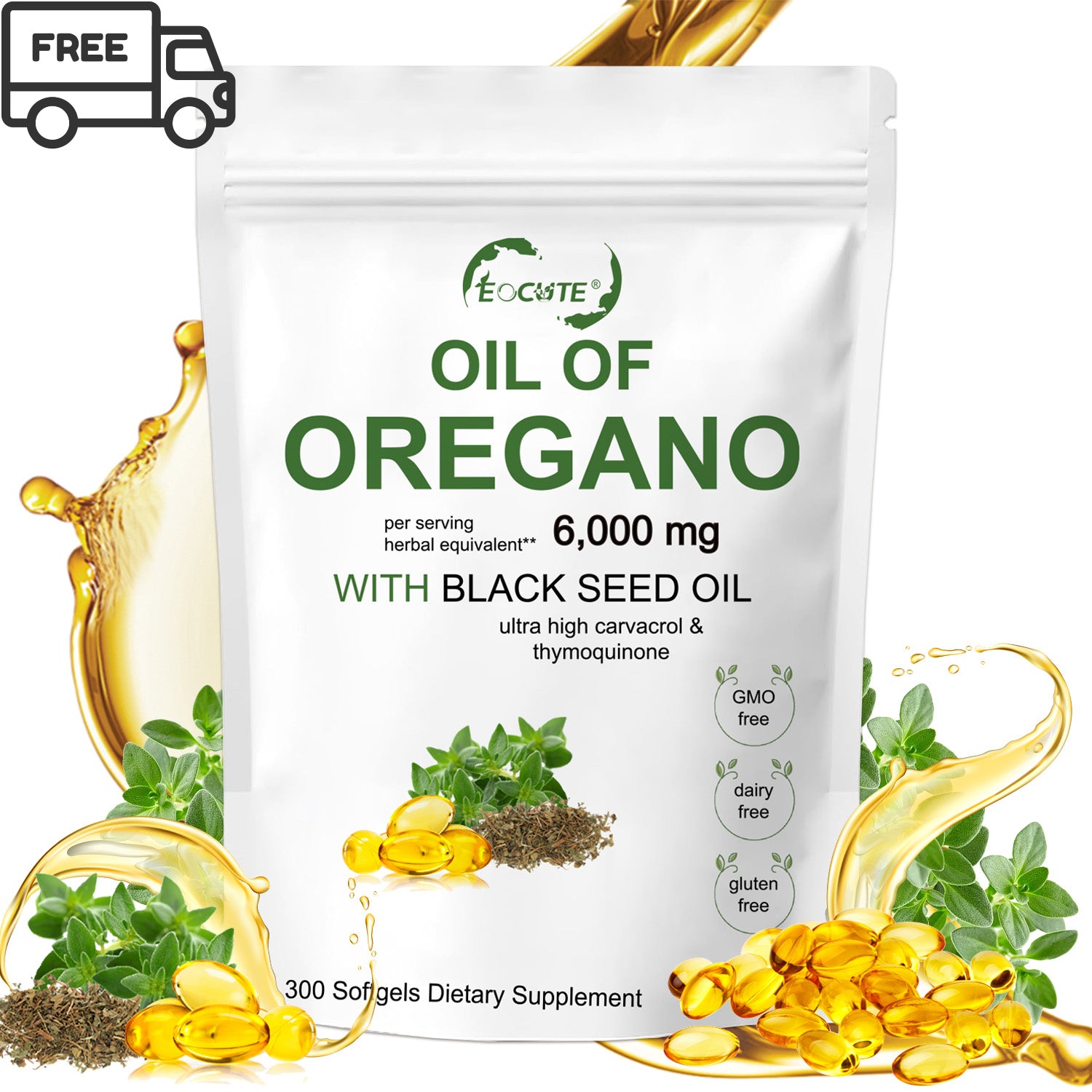 EOCUTE Oil of Oregano Softgels 6000mg Per Serving, 300 Pcs/Pack,2 in 1 Formulated with Black Seed Oil 200mg, 4X Strength Carvacrol   Thymoquinone,Plant Based.