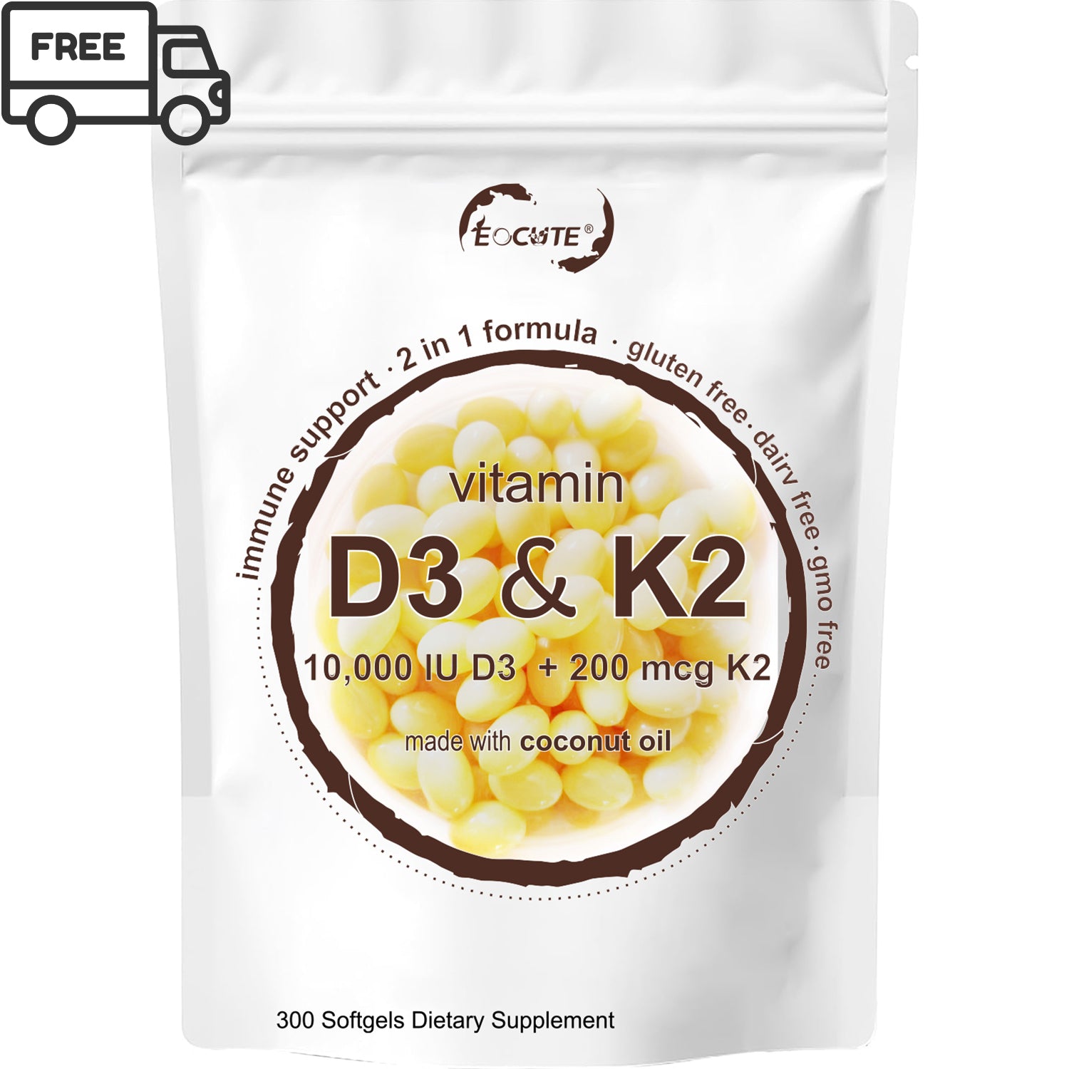 EOCUTE Vitamin D3 10000 iu Plus K2(MK-7) 200mcg 300 Softgels