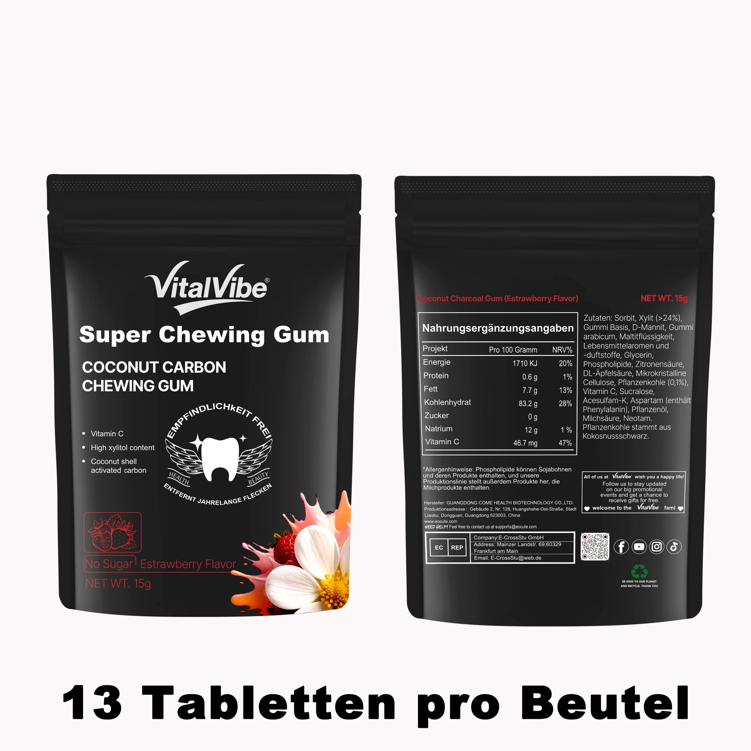 VitalVibe Super Chewing Gum,Coconut Carbon Chewing Gum,Vitamin C,High xylitol content,Coconut Shell Activated Carbon,Teeth whitening, clear oral cavity, clean oral cavity.