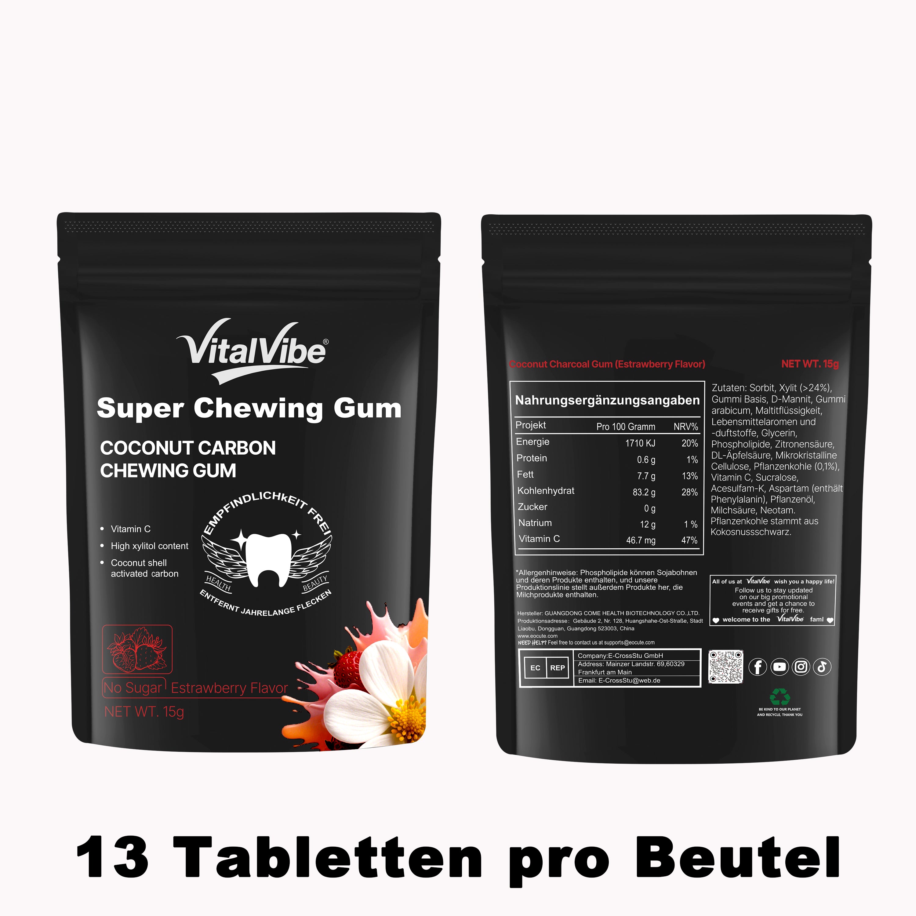 VitalVibe Super Chewing Gum,Coconut Carbon Chewing Gum,Vitamin C,High xylitol content,Coconut Shell Activated Carbon,Teeth whitening, clear oral cavity, clean oral cavity.