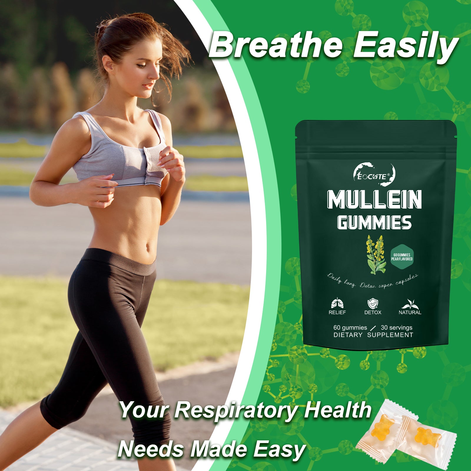 EOCUTE 9 in 1 Mullein Gummies for Lung Cleanse, Extra Strength 10000 MG(10:1 Extract) Mullein Leaf Extract w/Quercetin, Bromelain, Elderberry   Marshmallow for Respiratory, Immune, Vegan,60 Count Vitamins Supplements Edible Dietary Healthcare Fitness