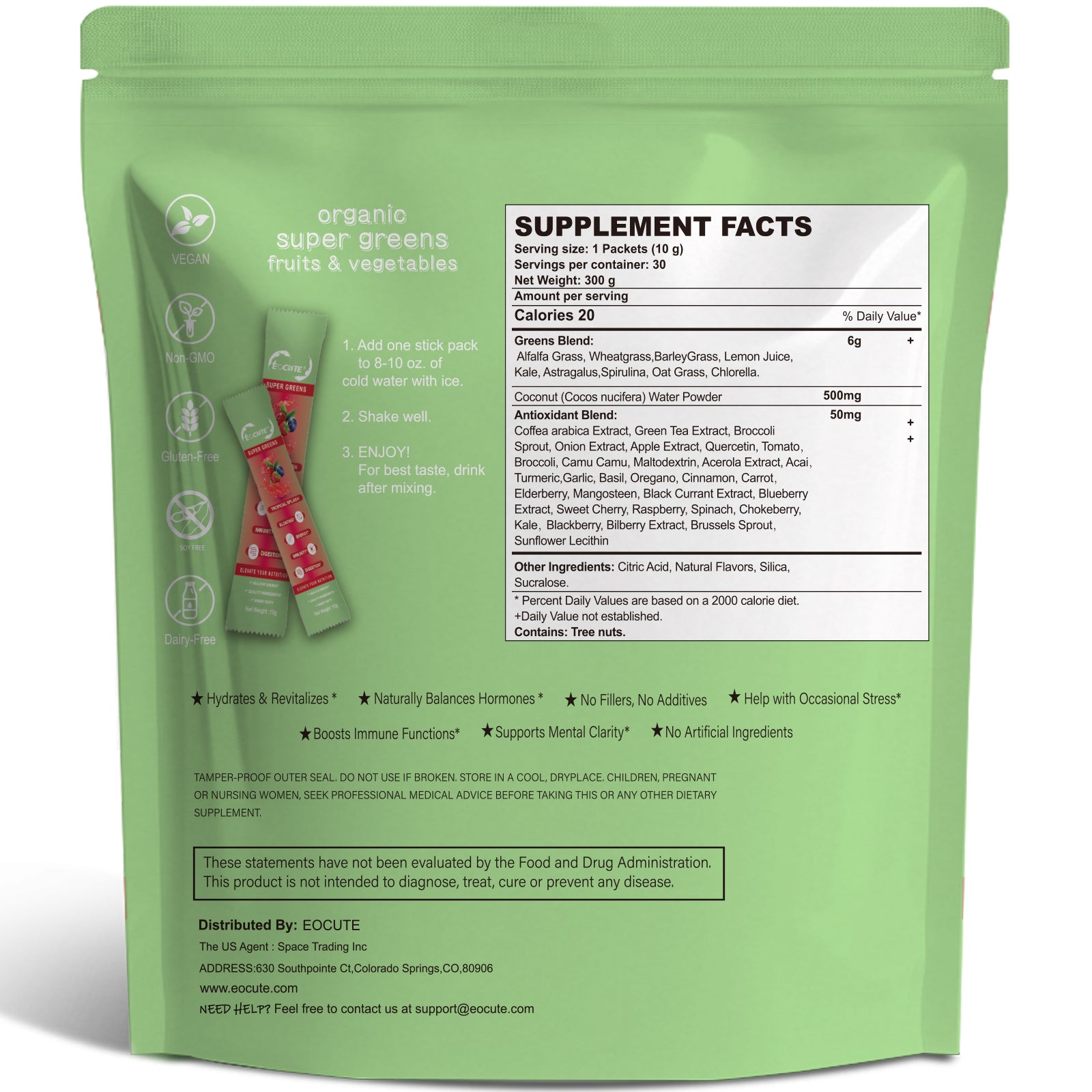 EOCUTE Super Greens Powder to Reduce Bloat, Digenstive Health for Women, Bloating Relief, Gut Health,Skin Care,Support Gut Health, Boost Immunity, Healthy Digestion for Women – Antioxidant Support – Chlorella -30 packets