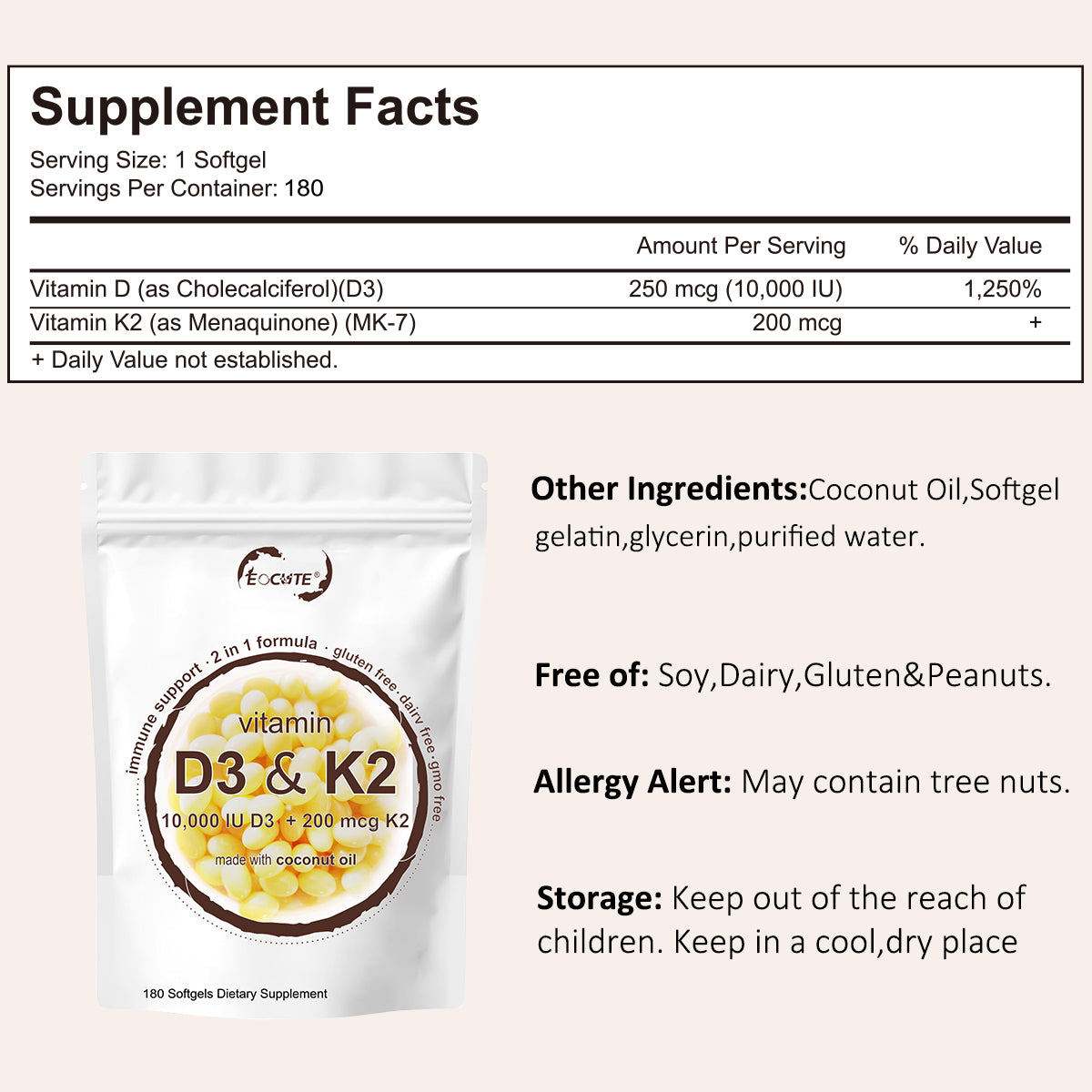 EOCUTE Vitamin D3 10000 iu Plus K2(MK-7) 200mcg 300 Softgels