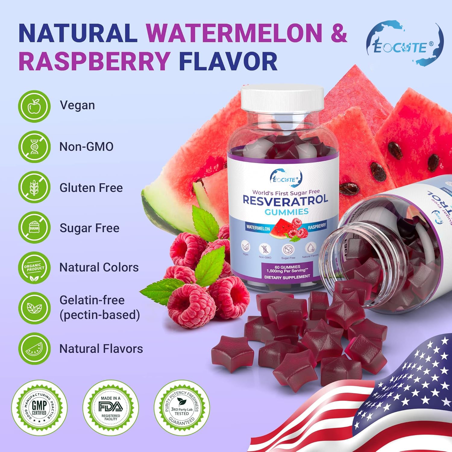 EOCUTE Sugar-Free Resveratrol Gummies   Potent 1500mg Resveratrol Supplement to Support Digestive   Immune Health   Resveratrol Supplements for Antioxidant Nutritional  Support, Cell Regenerator   Repair Dietary