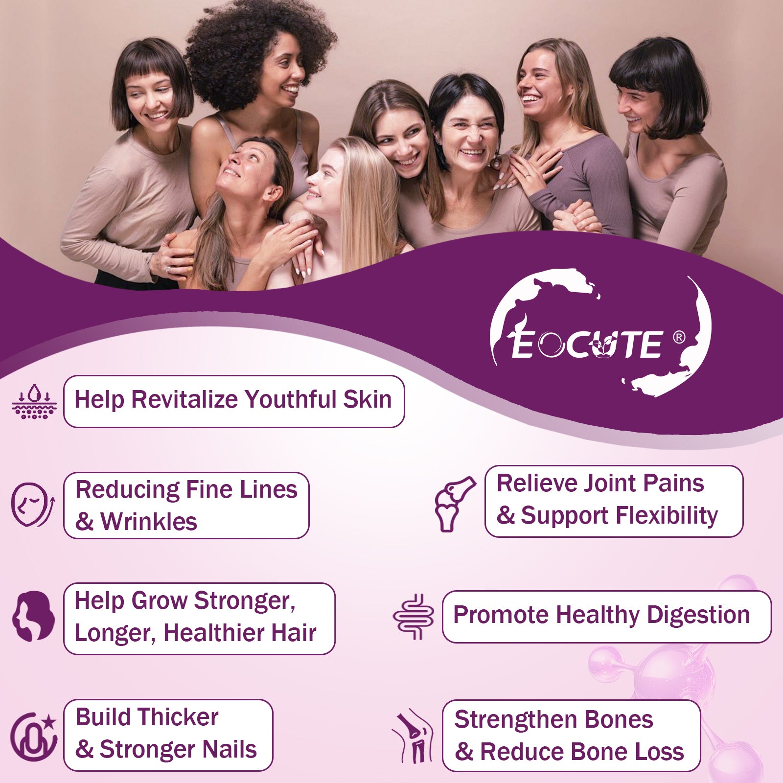 EOCUTE Multi Collagen Peptides Powder Pasture-Raised-Hydrolyzed Protein Peptides (Type l,l,lll,V,X)with HyaluronicAcid, Biotin   Vitamin C,1LB