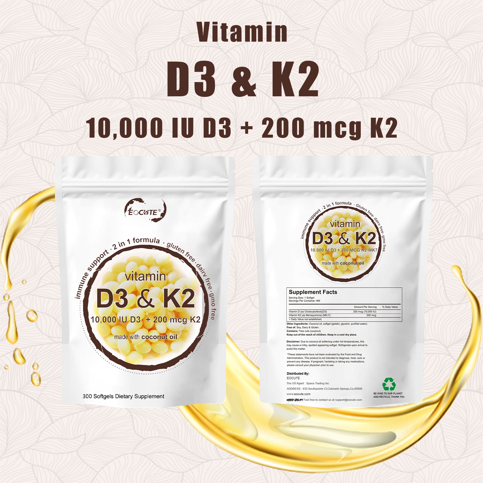 EOCUTE Vitamin D3 10000 iu Plus K2(MK-7) 200mcg 180 Softgels