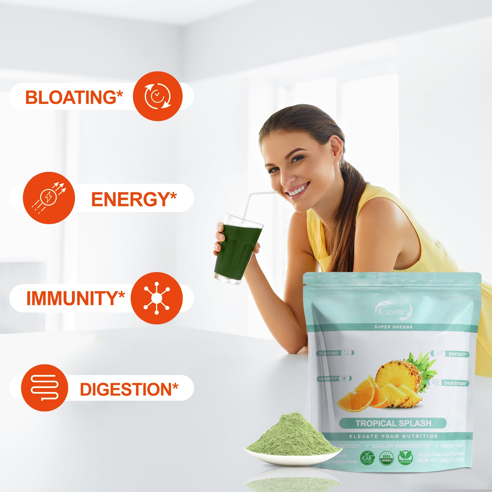 EOCUTE Super Greens – Organic Greens Powder to Reduce Bloat, Support Gut Health, Boost Immunity, Healthy Digestion for Women – Antioxidant Support – Spirulina – Chlorella – Tropical Splash-30 packets