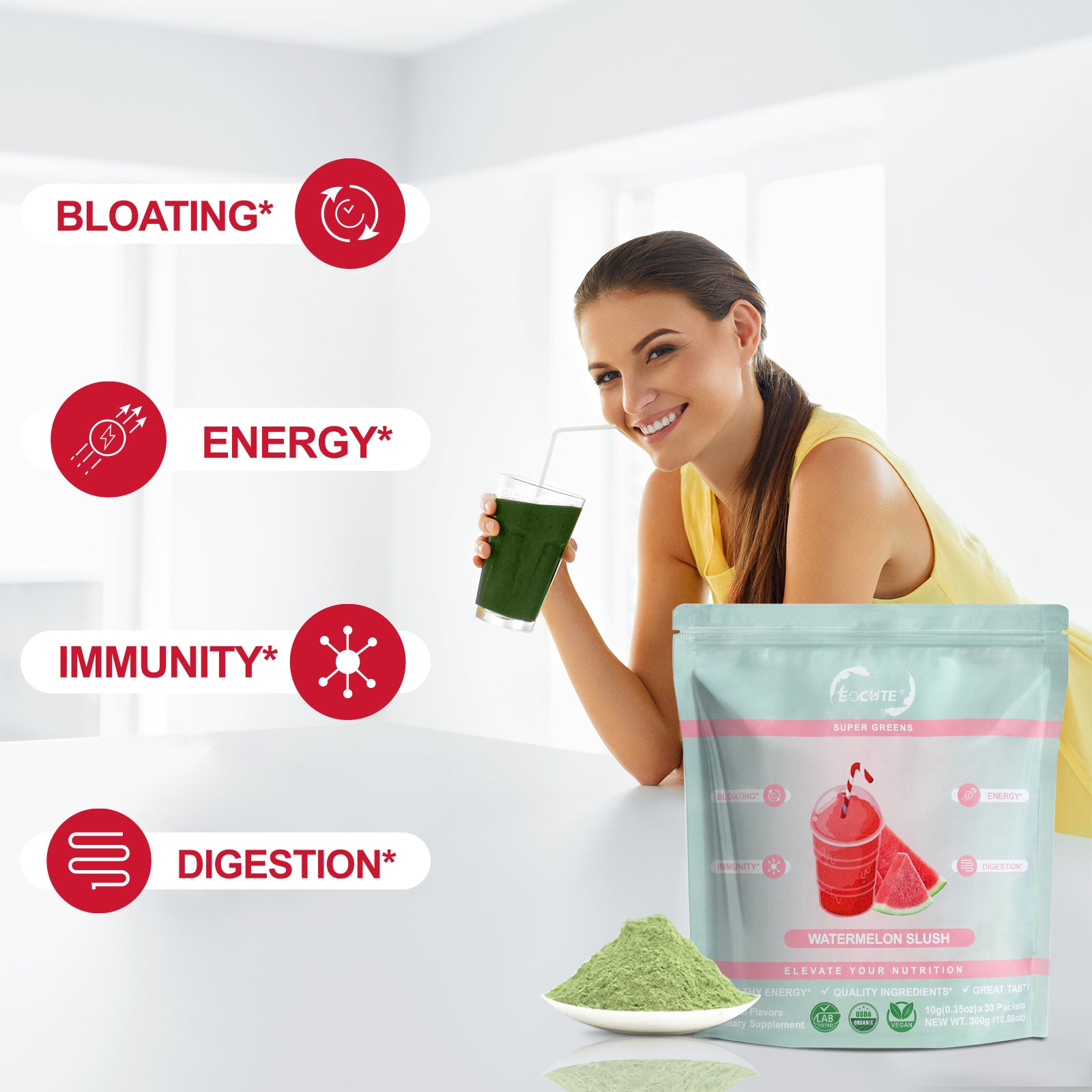 EOCUTE Super Greens Powder to Reduce Bloat, Digenstive Health for Women, Bloating Relief, Gut Health,Skin Care,Support Gut Health, Boost Immunity, Healthy Digestion for Women – Antioxidant Support – Chlorella – Watermelon Slush-30 packets