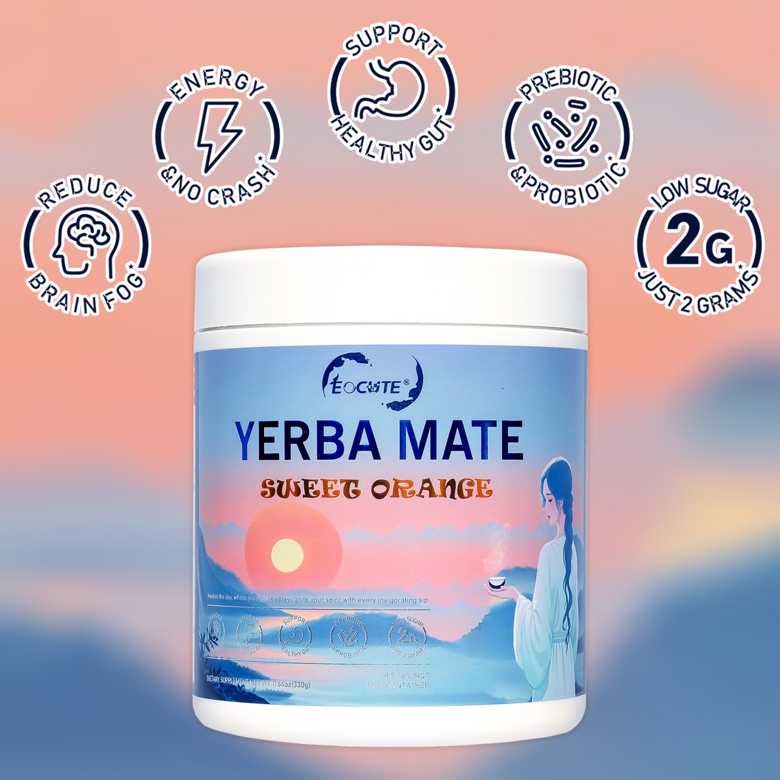 EOCUTE Yerba Mate Powder Minerals   Wellness Supplements Powdered Supplement Drink Mix | Peach Coffee Flavor and Sweet Orange  |  Magic   Instant Drink Powder  | 30 Servings Beverage Drinks