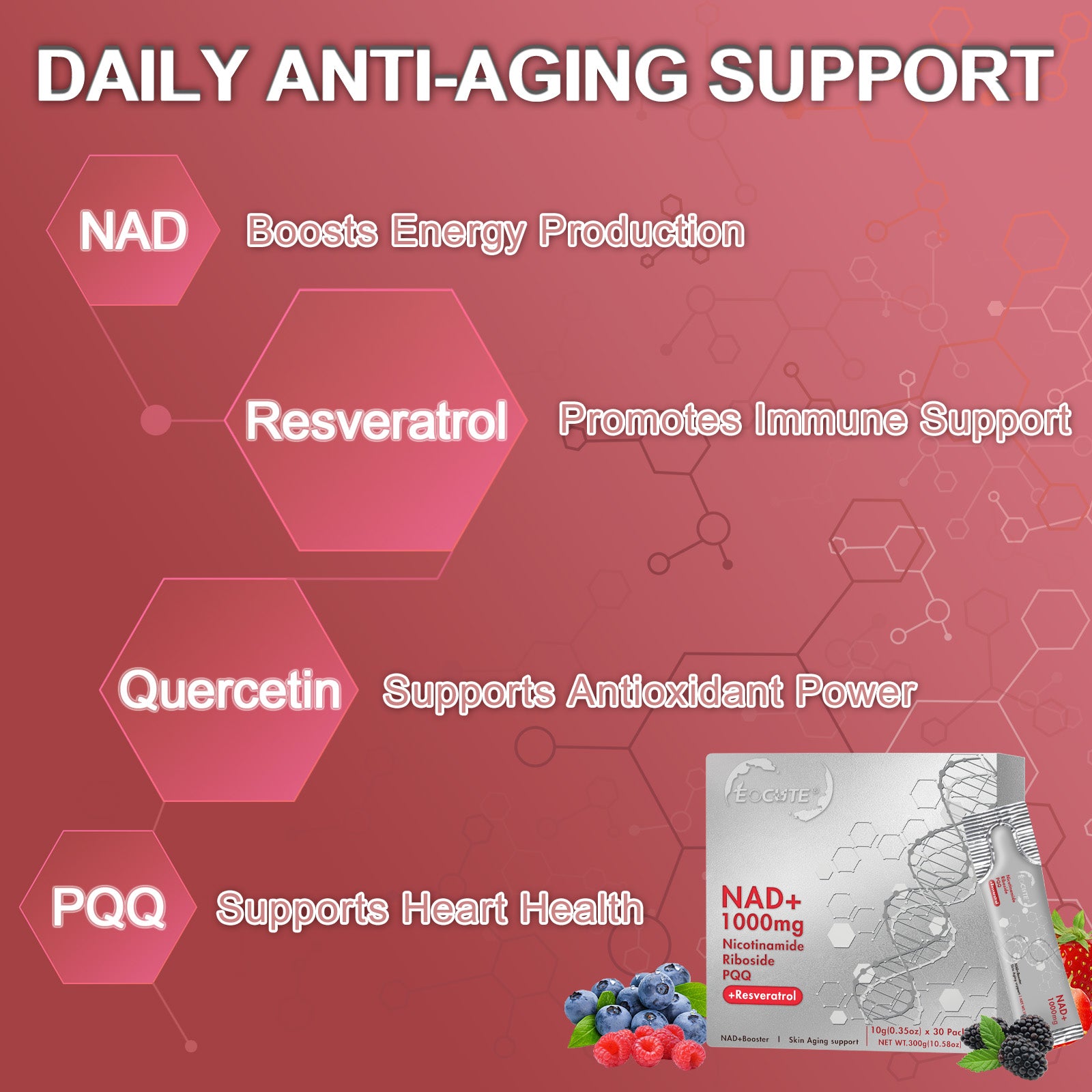 EOCUTE NR1000   NAD+ Berry Flavor Drink Mix  for Skin Aging Support, Energy, and Focus   30 packets