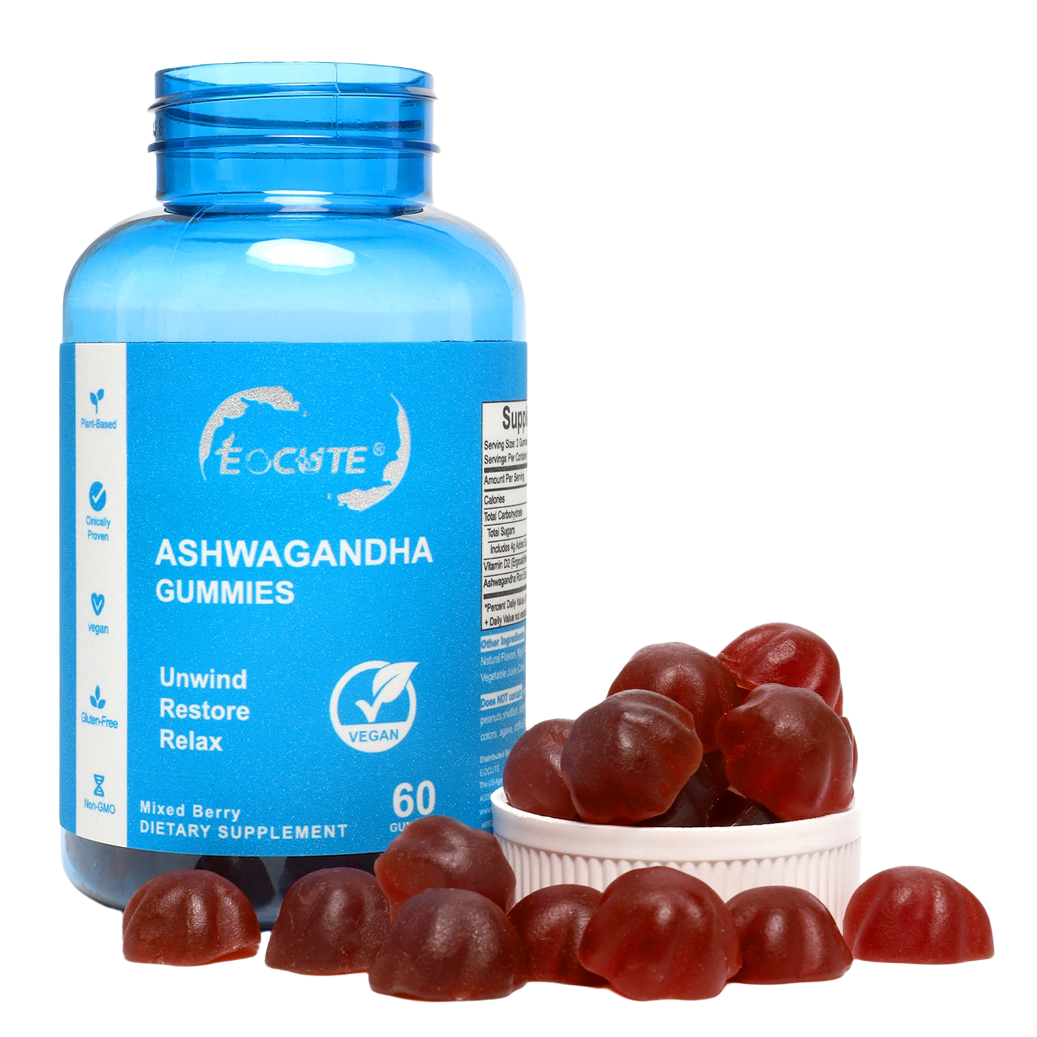 EOCUTE Ashwagandha   Vitamin D Gummies Gummy-Mixed Berry,KSM-66, Vegan, PlantBased,Non-GMO, Gluten-Free   Gelatin Free. for women and man,Vitamins Supplements