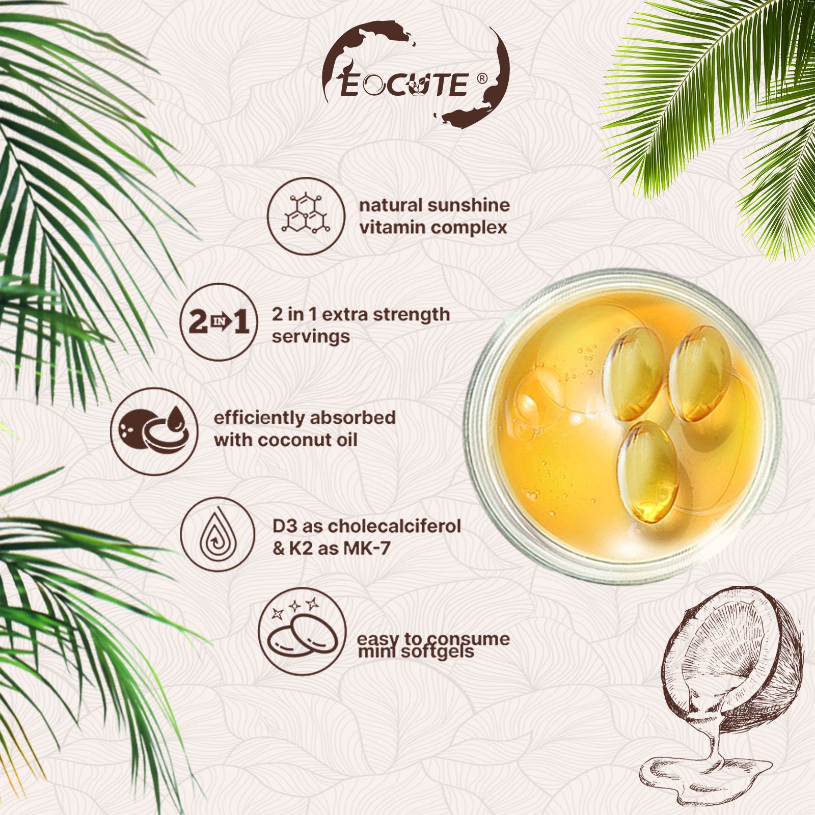 EOCUTE Vitamin D3 10000 iu Plus K2(MK-7) 200mcg 180 Softgels