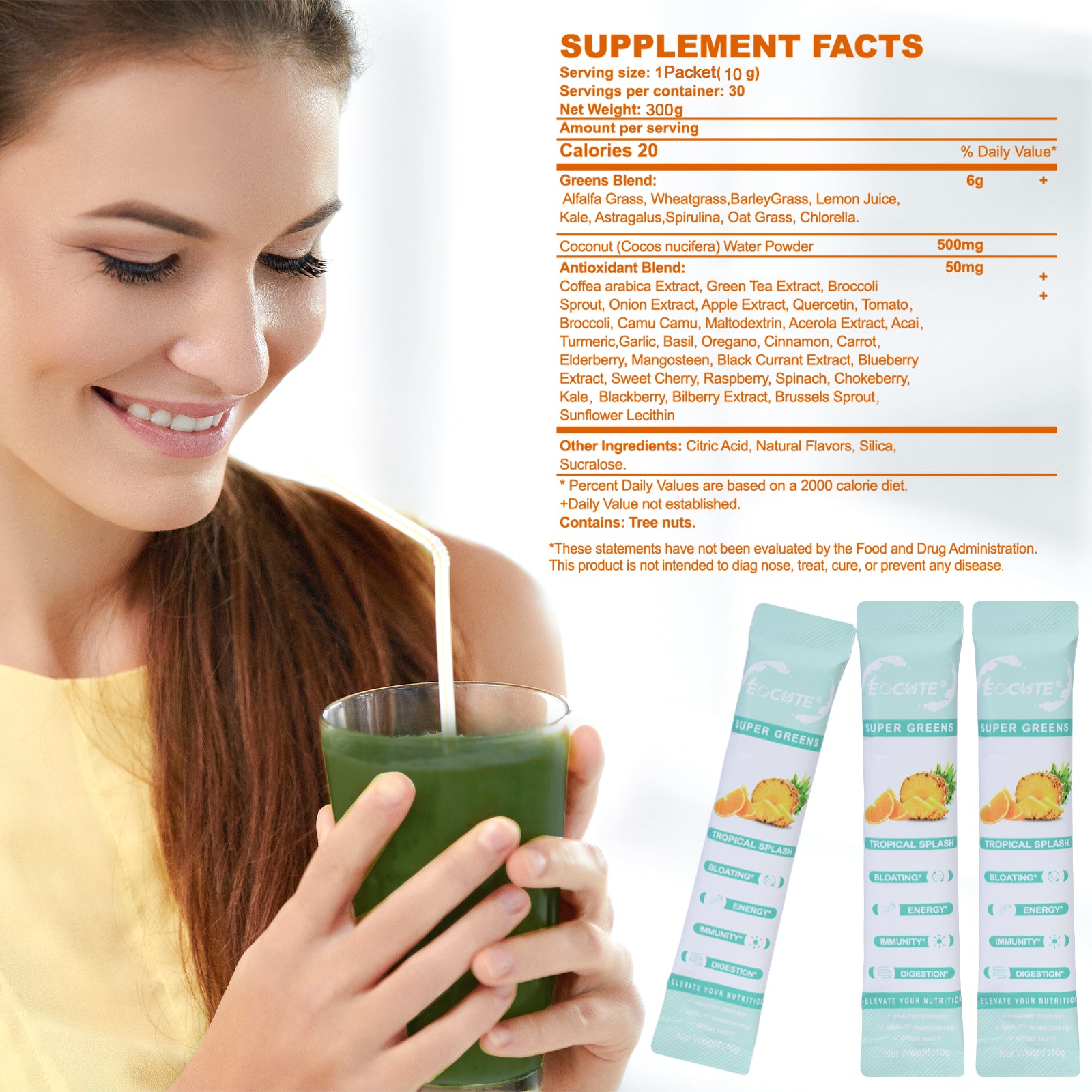 EOCUTE Super Greens – Organic Greens Powder to Reduce Bloat, Support Gut Health, Boost Immunity, Healthy Digestion for Women – Antioxidant Support – Spirulina – Chlorella – Tropical Splash-30 packets
