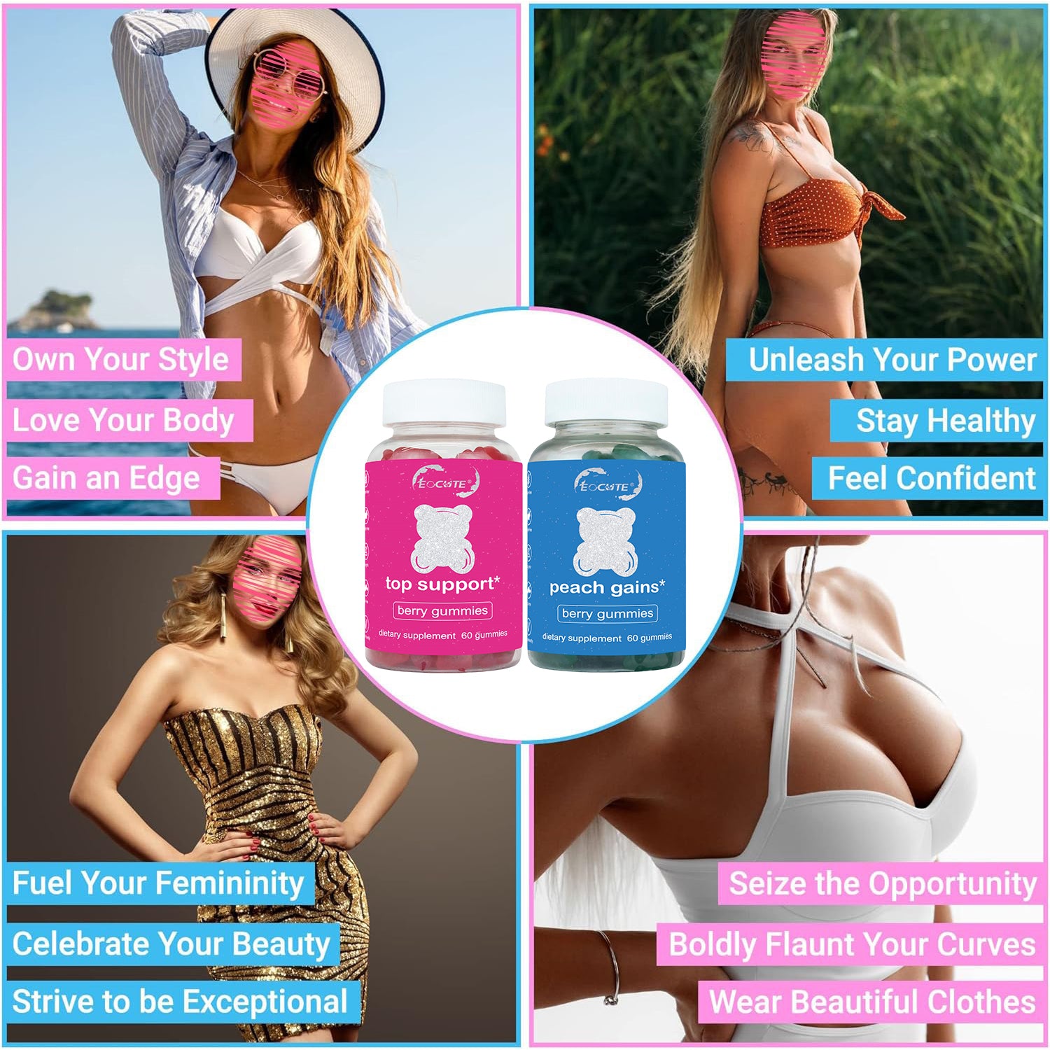 EOCUTE Gummies Combo Pack -TopSupport and Peach Gains Gummies-Workout Aid -Women s Support Supplement-Berry Flavored-Essential Herbs -Multivitamins Dietary Fitness