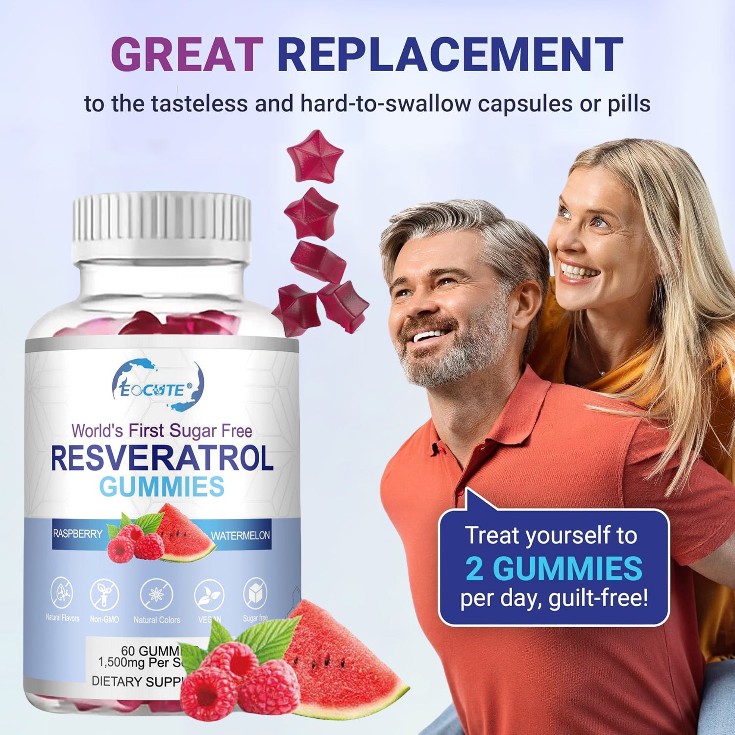 EOCUTE Sugar-Free Resveratrol Gummies   Potent 1500mg Resveratrol Supplement to Support Digestive   Immune Health   Resveratrol Supplements for Antioxidant Nutritional  Support, Cell Regenerator   Repair Dietary