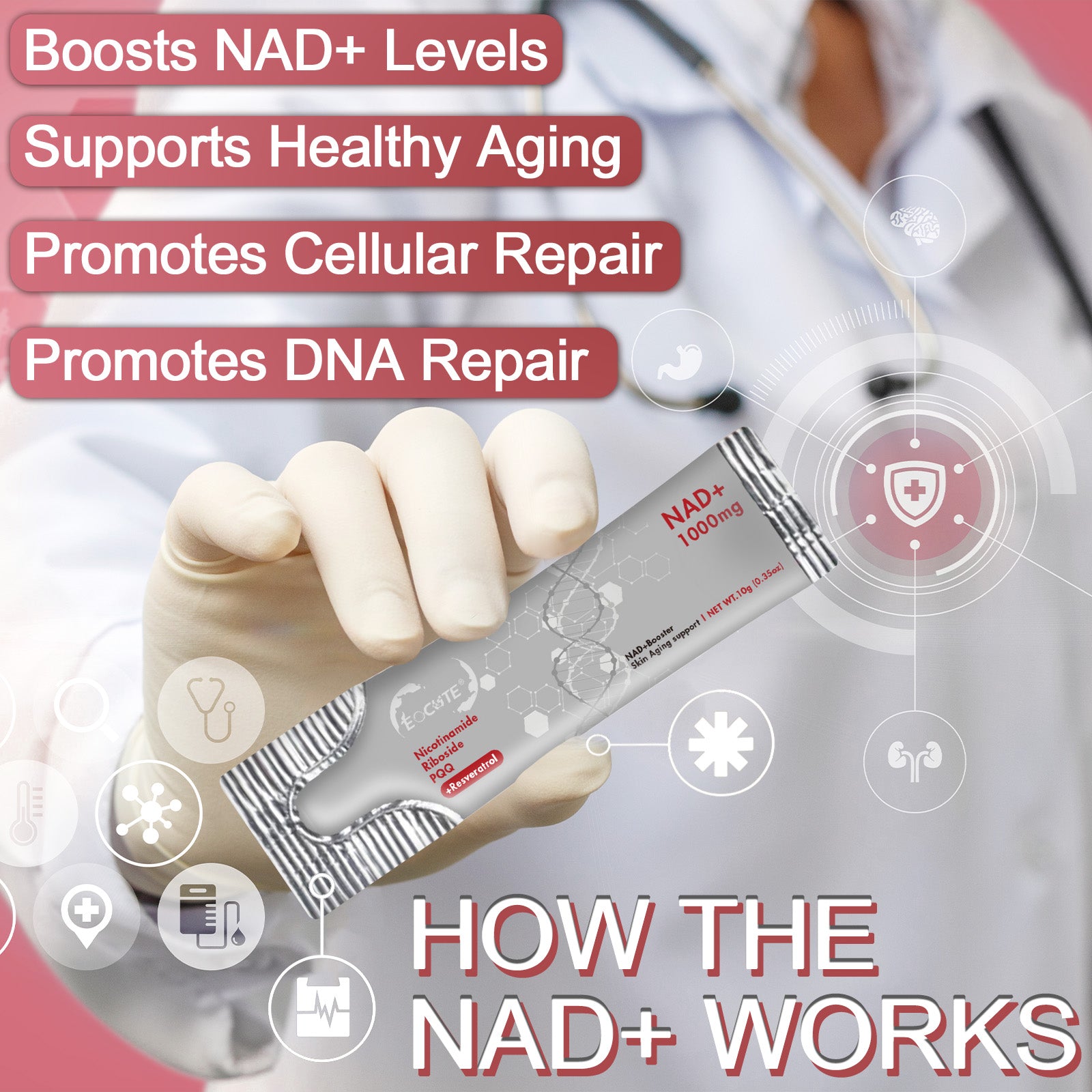 EOCUTE NR1000   NAD+ Berry Flavor Drink Mix  for Skin Aging Support, Energy, and Focus   30 packets
