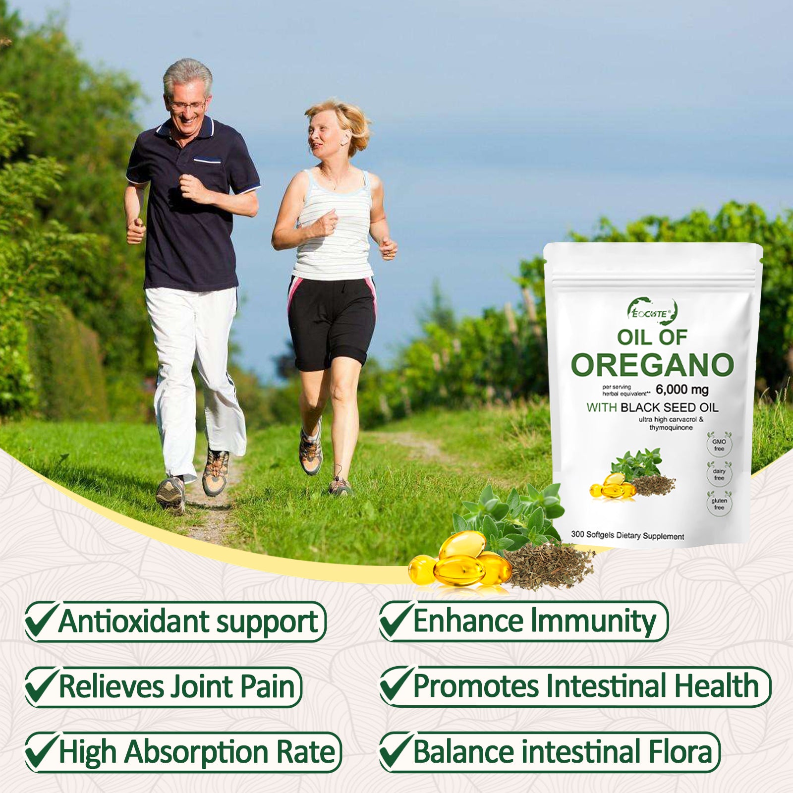 EOCUTE Oil of Oregano Softgels 6000mg Per Serving, 180 Pcs/Pack,2 in 1 Formulated with Black Seed Oil 200mg, 4X Strength Carvacrol   Thymoquinone,Plant Based.
