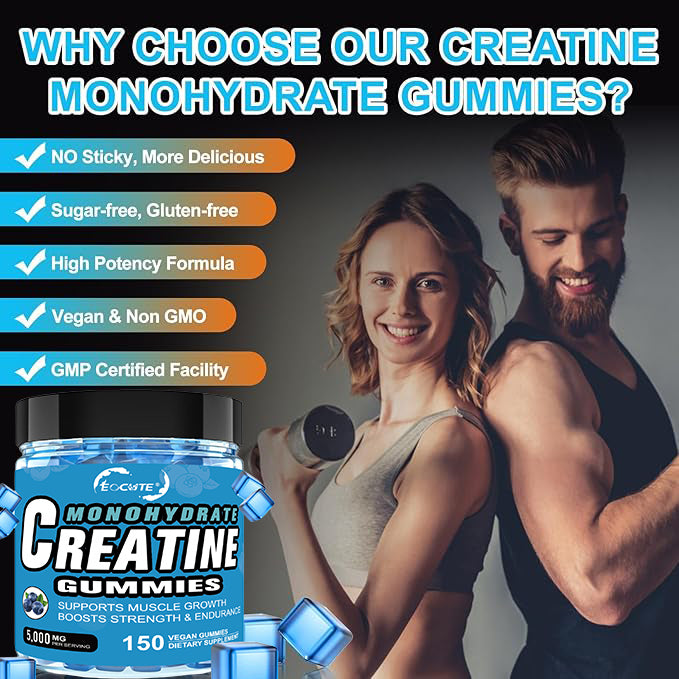 EOCUTE Creatine Monohydrate Gummies   5g per Serving for Muscle   Strength Building,Sugar-Free,Vegan, Blueberry Flavor, 150 Count Amino Acids Nutrional Supplements Dietary Healthcare Edible Fitness Optimum