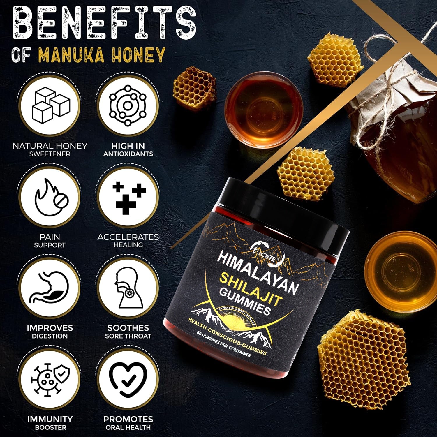 Organic shilajit Gummies by EOCUTE | Cane Sugar Free, Sweetened by Organic Manuka Honey | Clean Formula | Natural Fulvic   Humic Acid | Heart   Brain, Cellular Health | 60 Healthy Gummies
