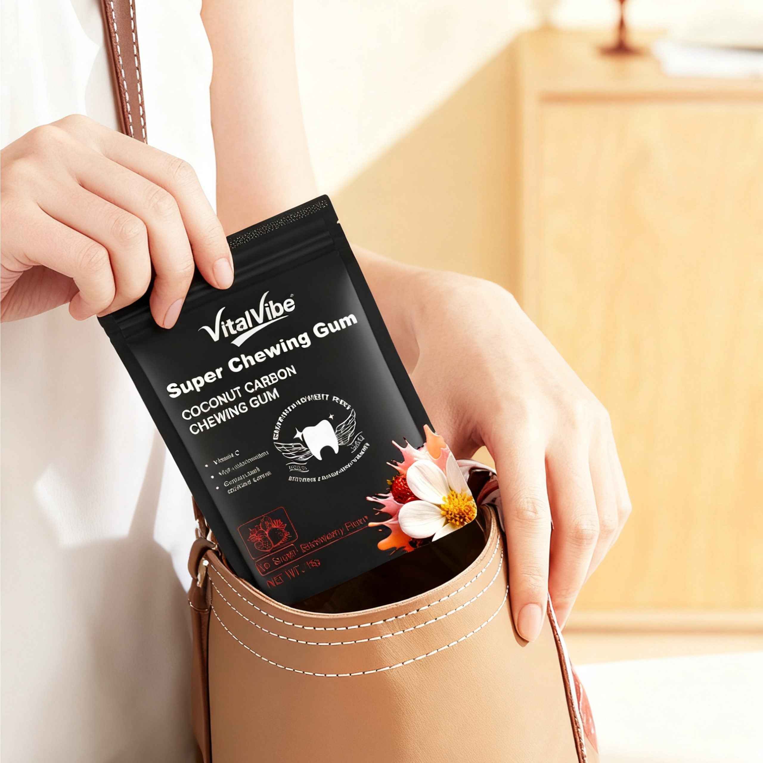 VitalVibe Super Chewing Gum,Coconut Carbon Chewing Gum,Vitamin C,High xylitol content,Coconut Shell Activated Carbon,Teeth whitening, clear oral cavity, clean oral cavity.