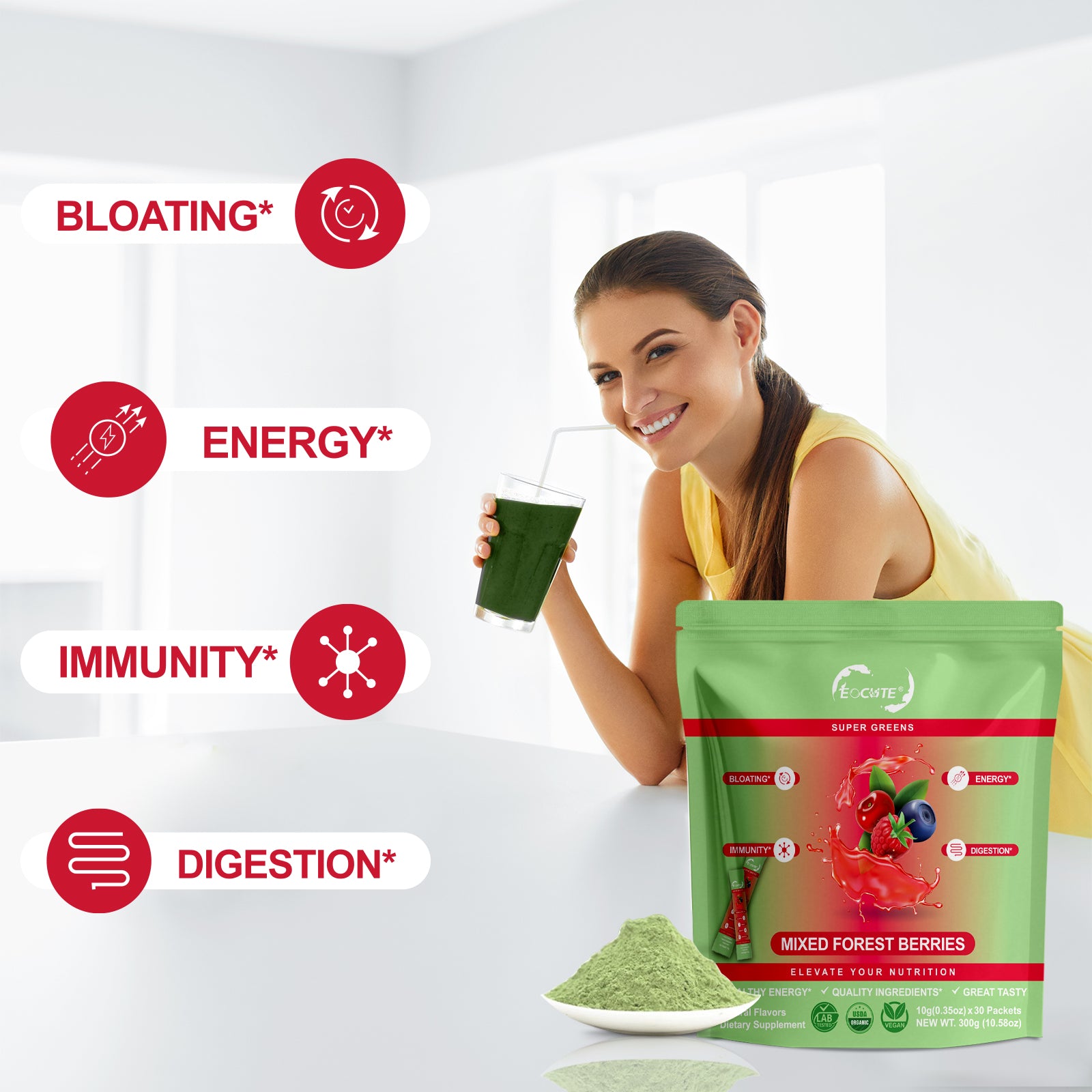 EOCUTE Super Greens Powder to Reduce Bloat, Digenstive Health for Women, Bloating Relief, Gut Health,Skin Care,Support Gut Health, Boost Immunity, Healthy Digestion for Women – Antioxidant Support – Chlorella -30 packets