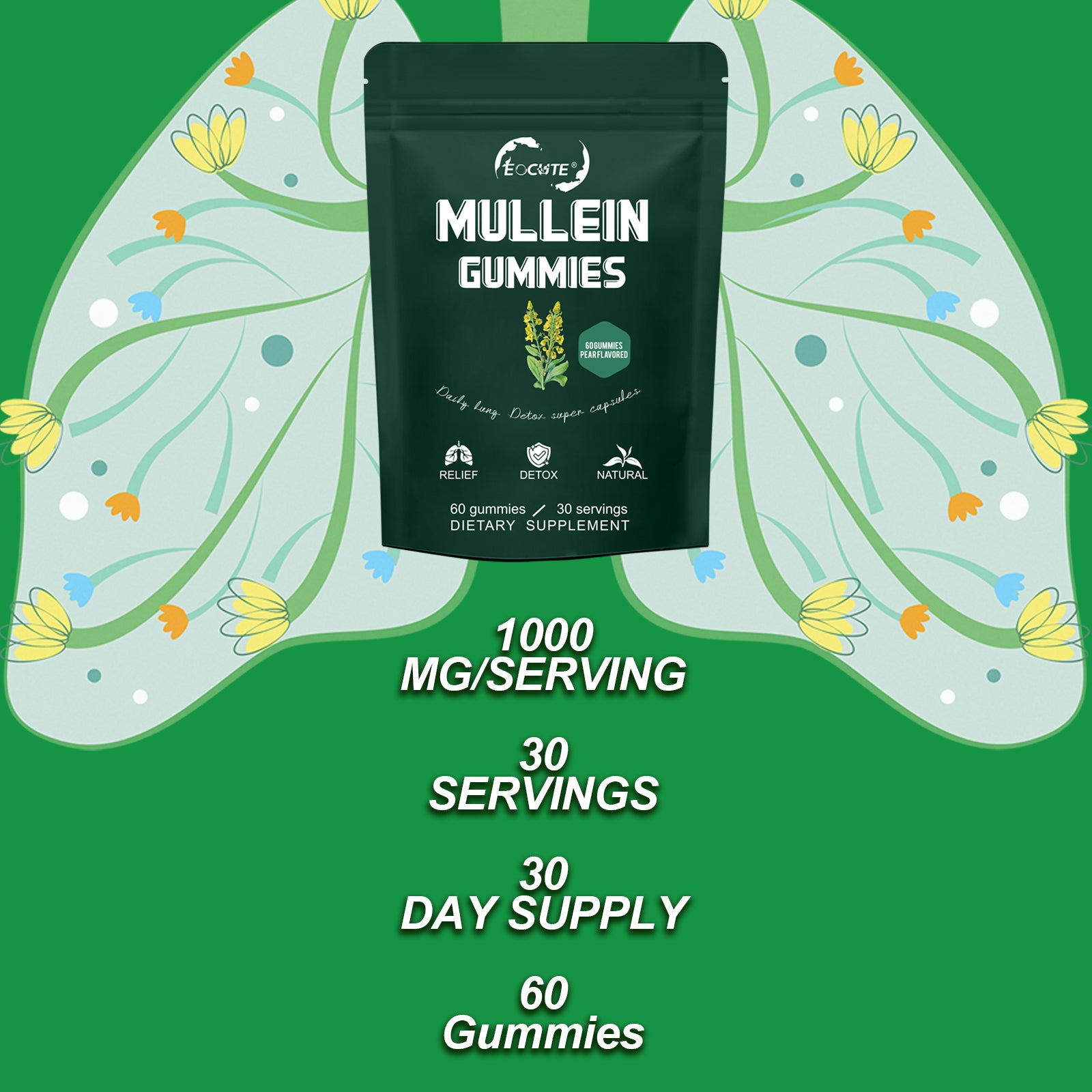 EOCUTE 9 in 1 Mullein Gummies for Lung Cleanse, Extra Strength 10000 MG(10:1 Extract) Mullein Leaf Extract w/Quercetin, Bromelain, Elderberry   Marshmallow for Respiratory, Immune, Vegan,60 Count Vitamins Supplements Edible Dietary Healthcare Fitness