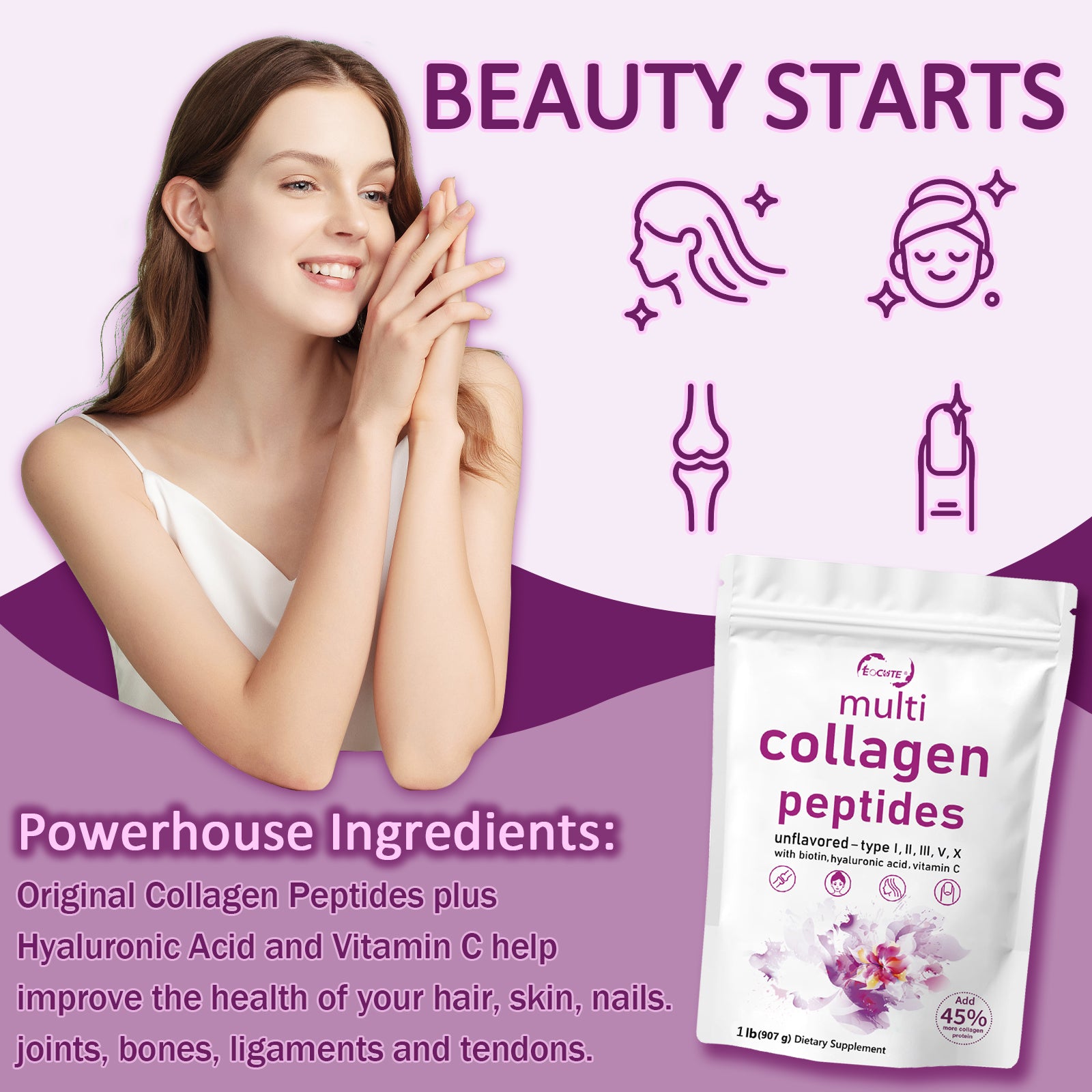 EOCUTE Multi Collagen Peptides Powder Pasture-Raised-Hydrolyzed Protein Peptides (Type l,l,lll,V,X)with HyaluronicAcid, Biotin   Vitamin C,1LB