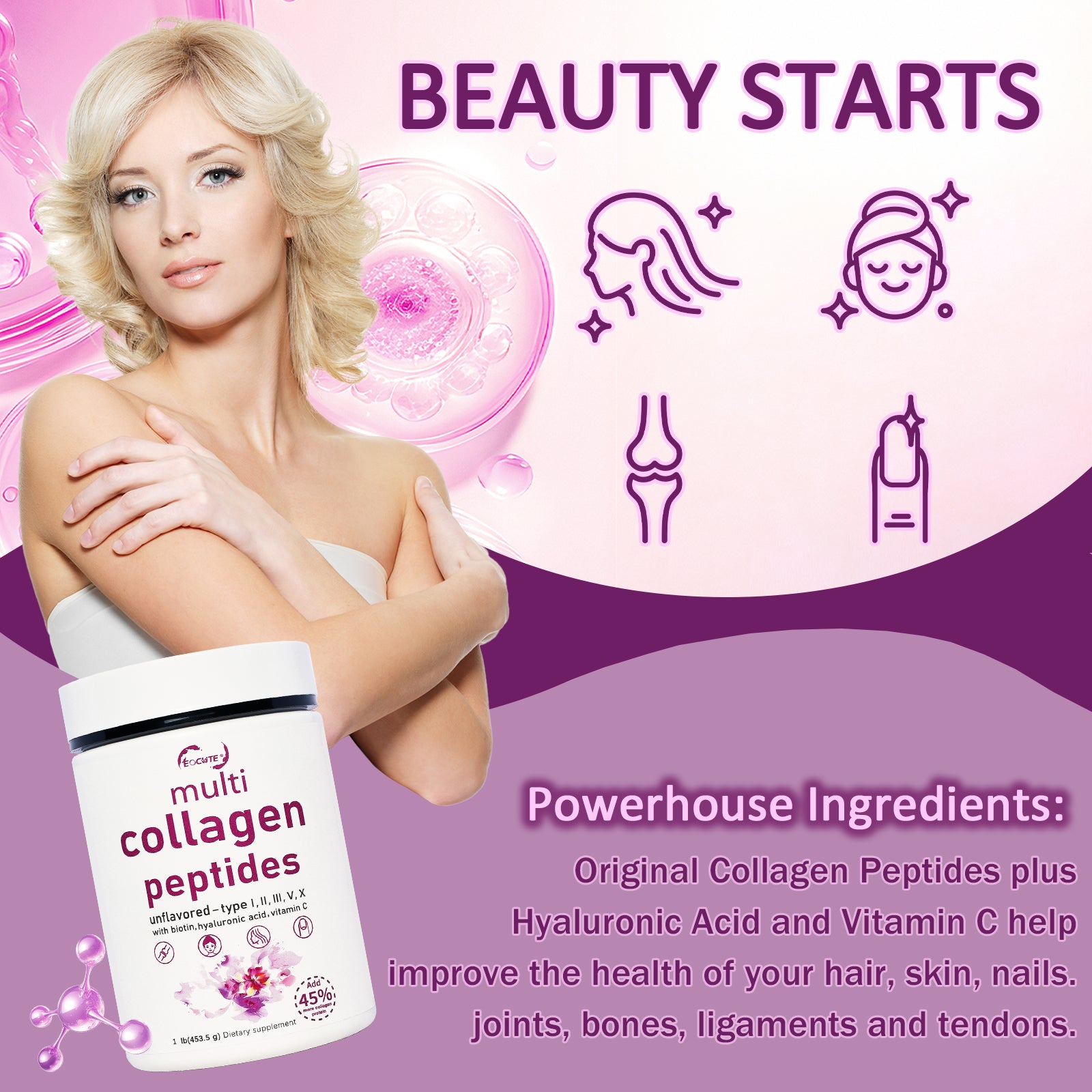 EOCUTE Multi Collagen Peptides Powder Pasture-Raised-Hydrolyzed Protein Peptides (Type l,l,lll,V,X)with HyaluronicAcid, Biotin   Vitamin C,1LB