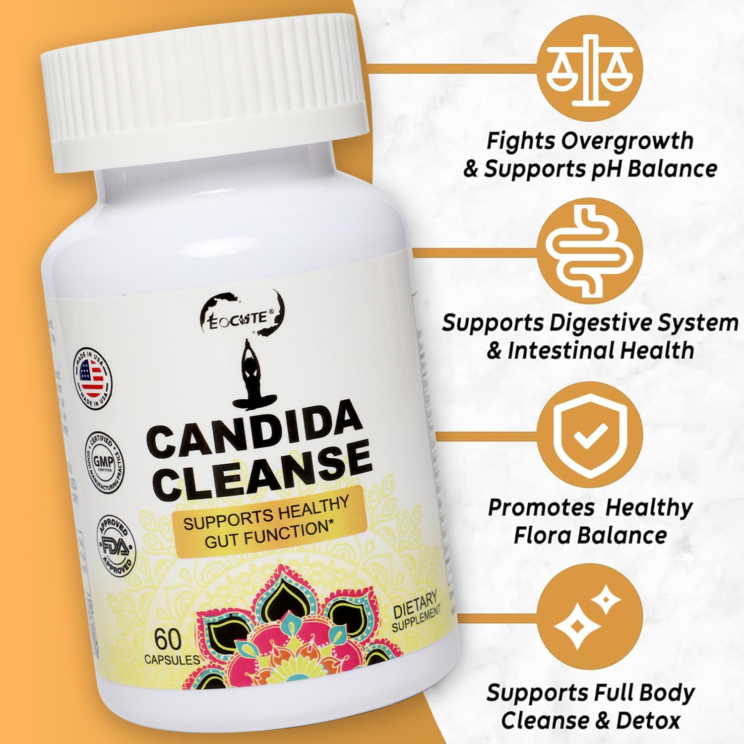 EOCUTE Candida Cleanse   Gut   Colon Support (60 Capsules)   for Men   Women   Anti Yeast Overgrowth   Oregano Leaf, Wormwood, Black Walnut, Caprylic Acid Digestive Nutritional Supplements Edible Dietary Fitness Healthcare Optimum Boost