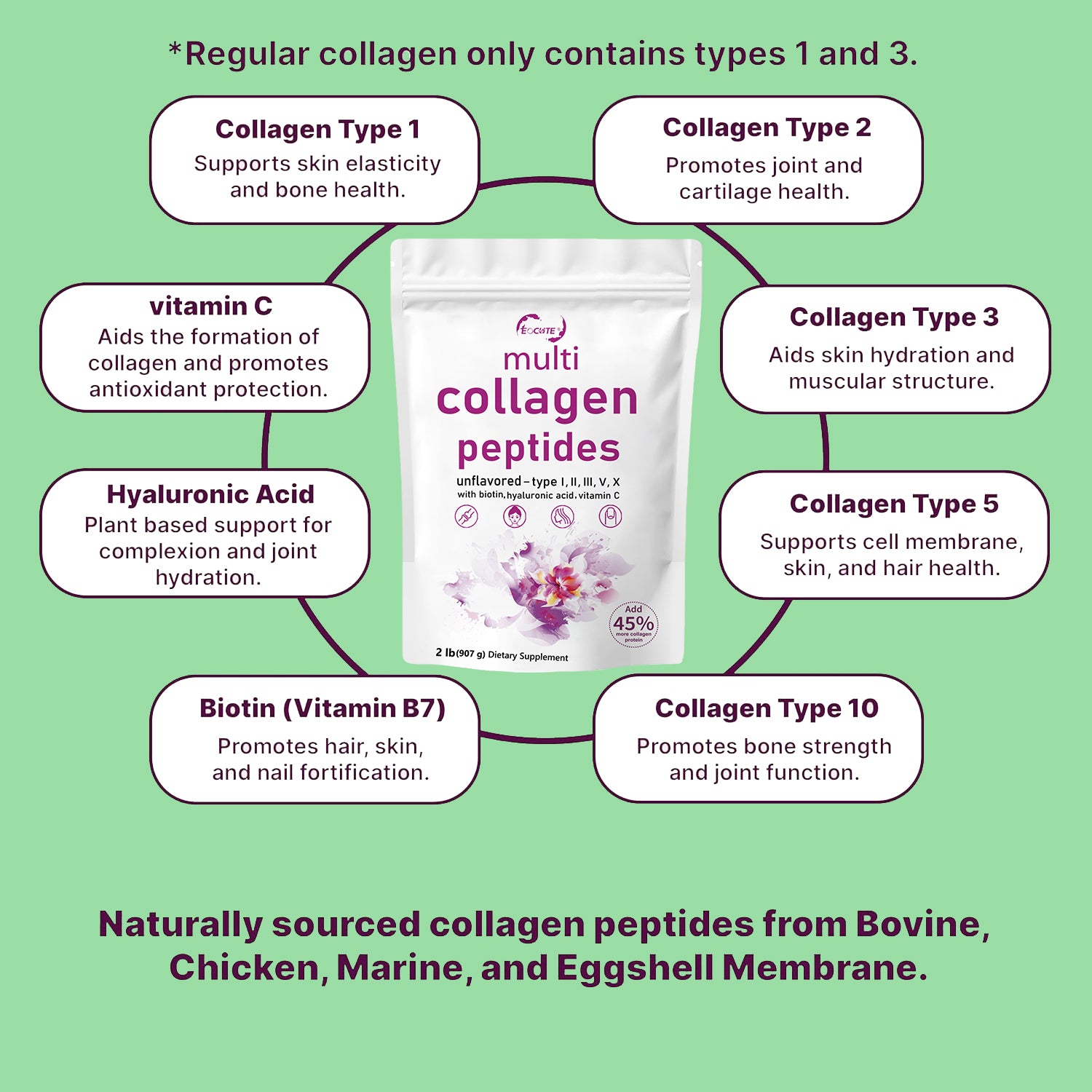 EOCUTE Multi Collagen Peptides Powder Pasture-Raised-Hydrolyzed Protein Peptides (Type l,l,lll,V,X)with HyaluronicAcid, Biotin   Vitamin C,Healthcare Edible Supplement Dietary Fitness Beauty Colagen Nail Hair 2LB