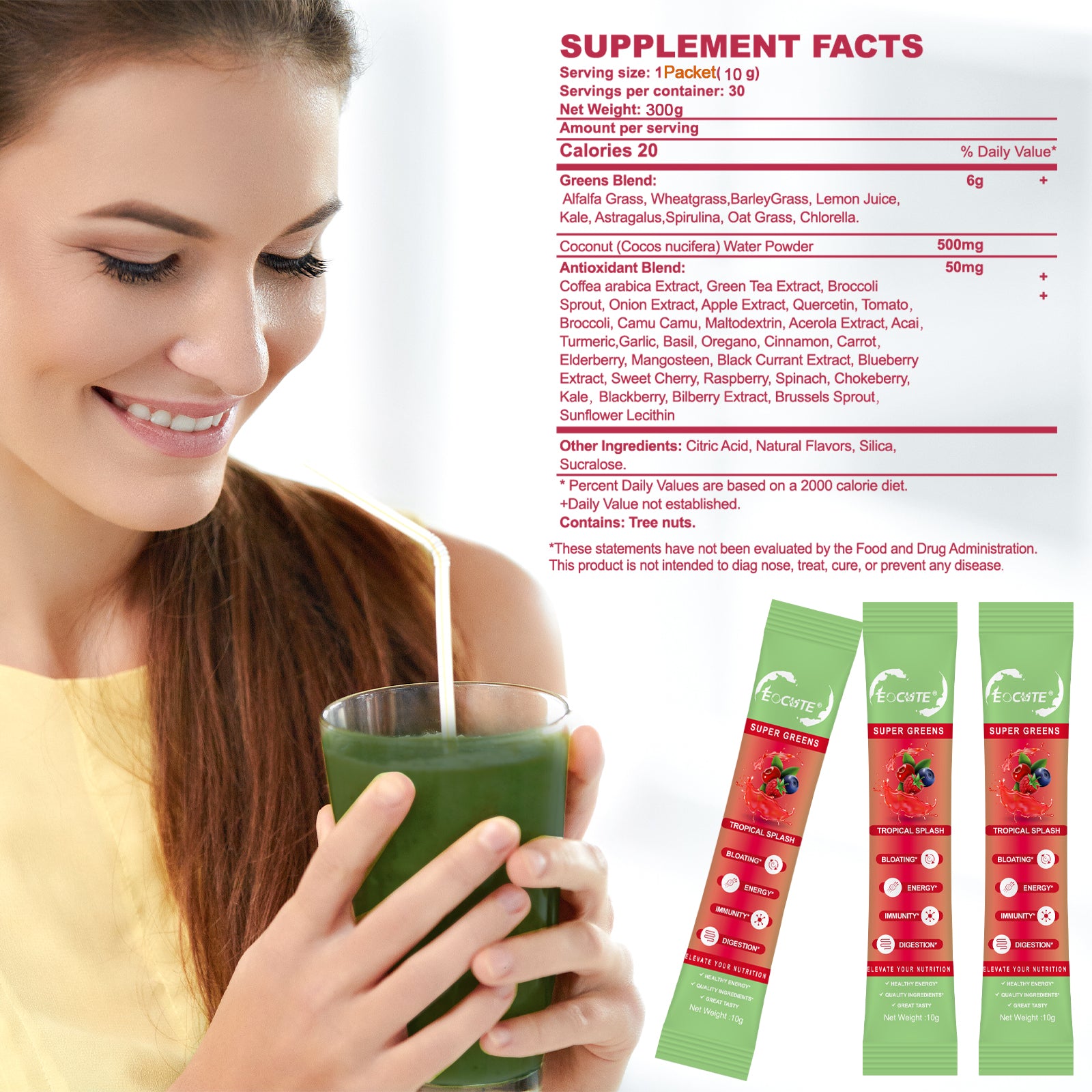 EOCUTE Super Greens Powder to Reduce Bloat, Digenstive Health for Women, Bloating Relief, Gut Health,Skin Care,Support Gut Health, Boost Immunity, Healthy Digestion for Women – Antioxidant Support – Chlorella -30 packets